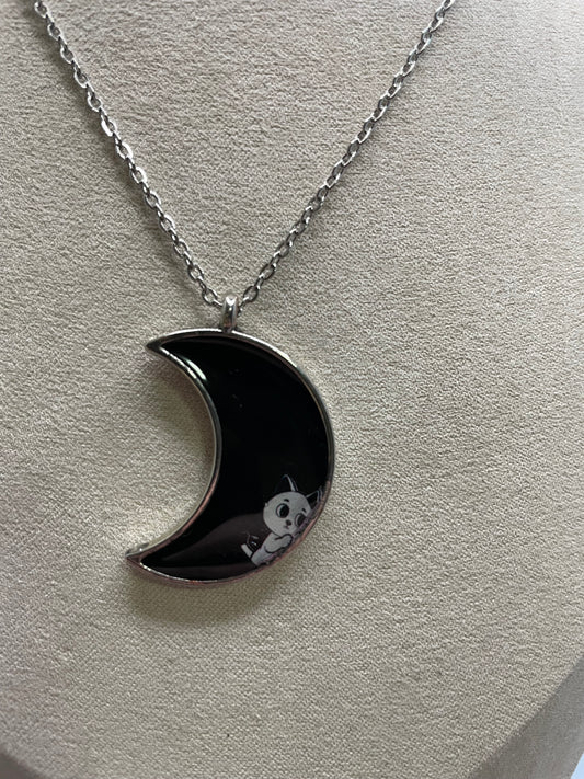 White Cat on Black Crescent Moon Necklace