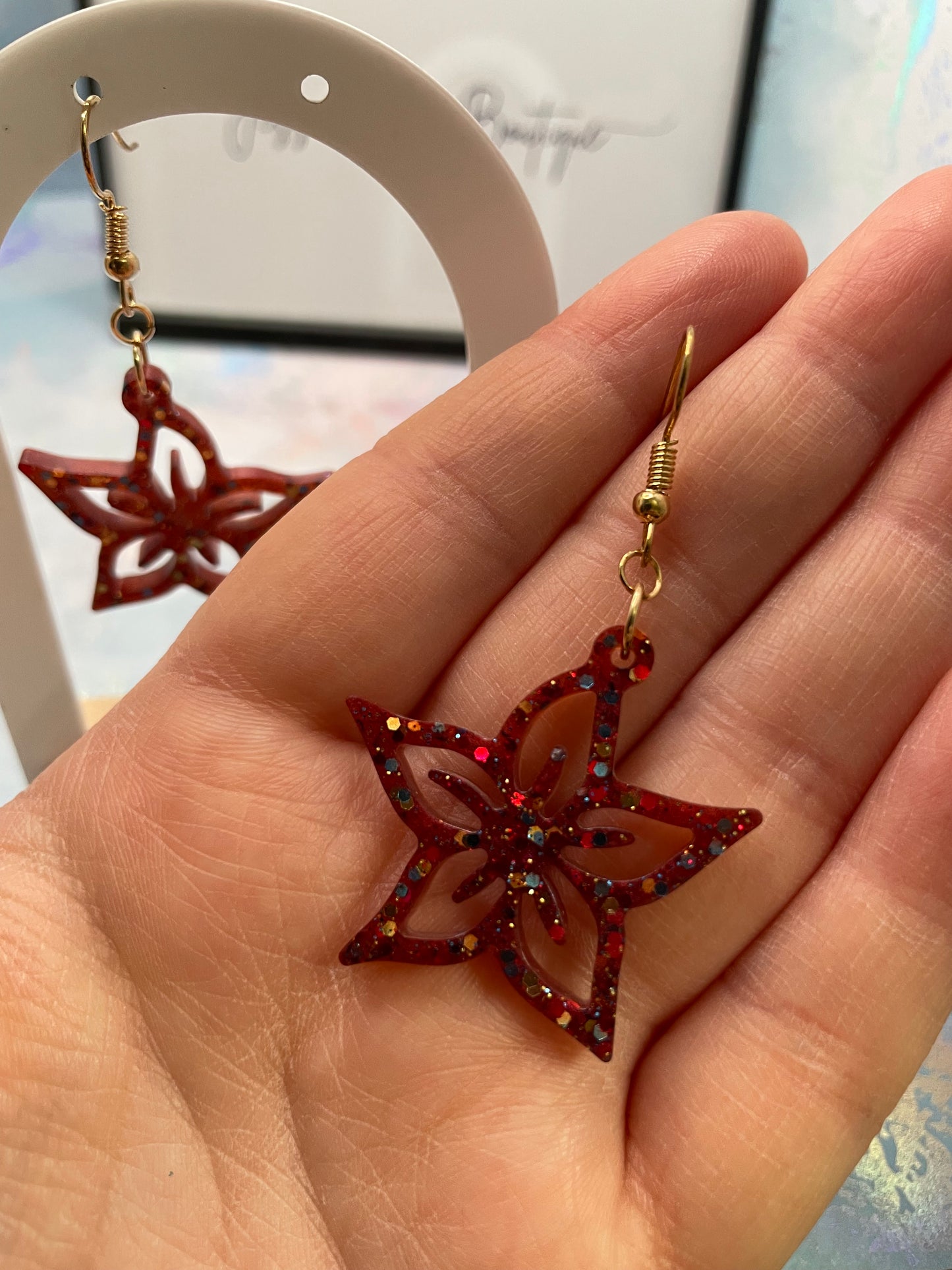Sparkly Red Flower Earrings