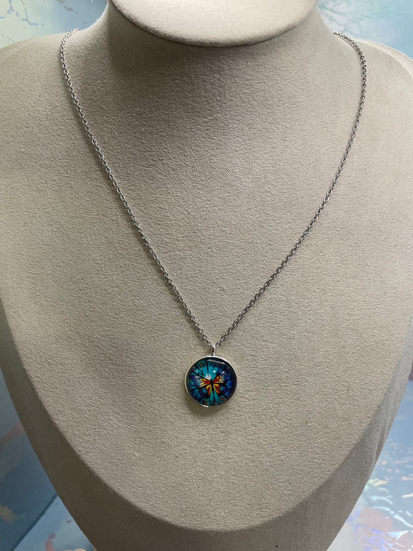 Stained Glass Butterfly Necklace – Silver Bezel