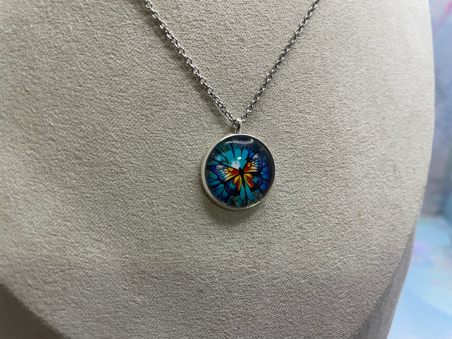 Stained Glass Butterfly Necklace – Silver Bezel