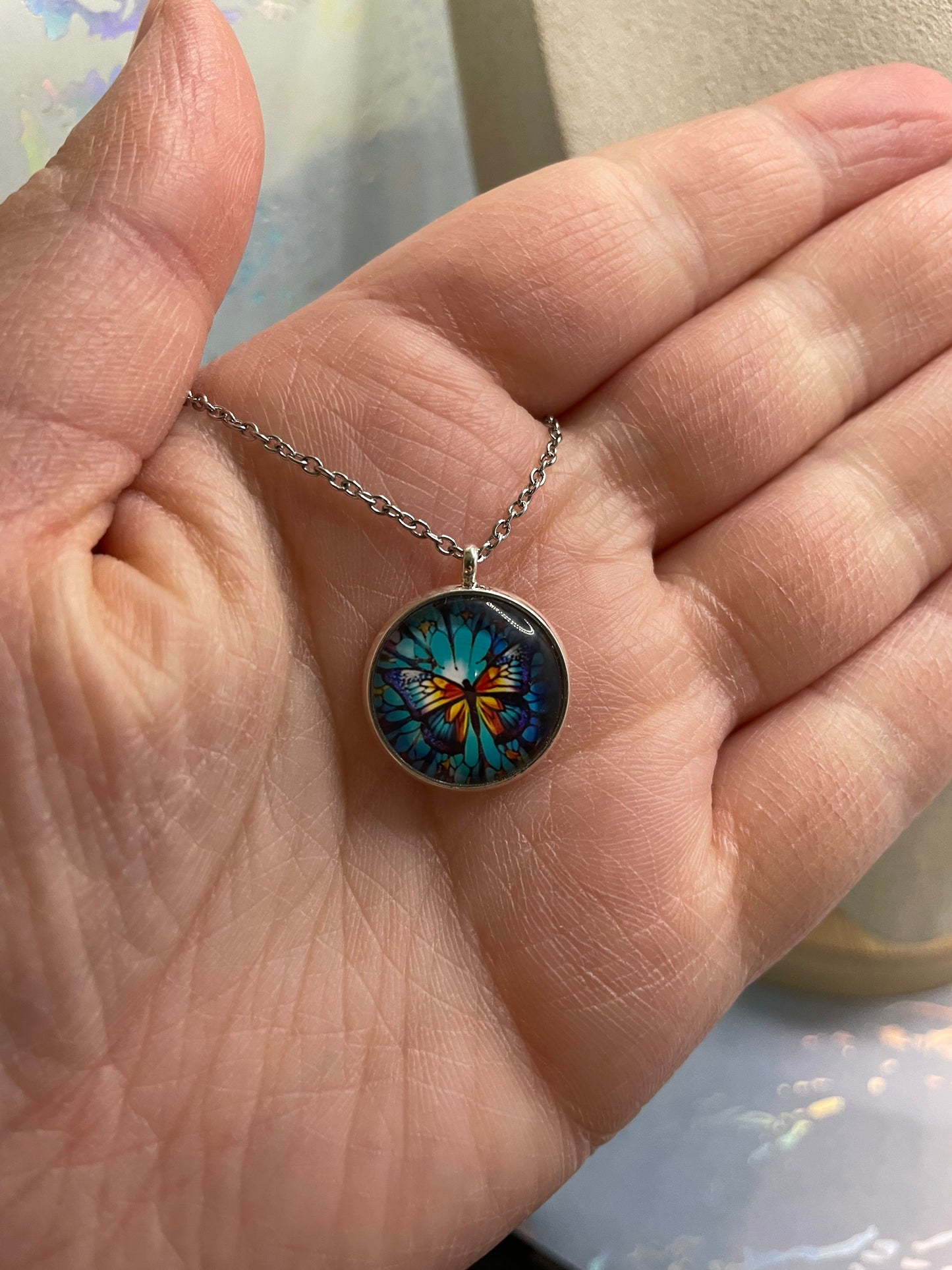 Stained Glass Butterfly Necklace – Silver Bezel