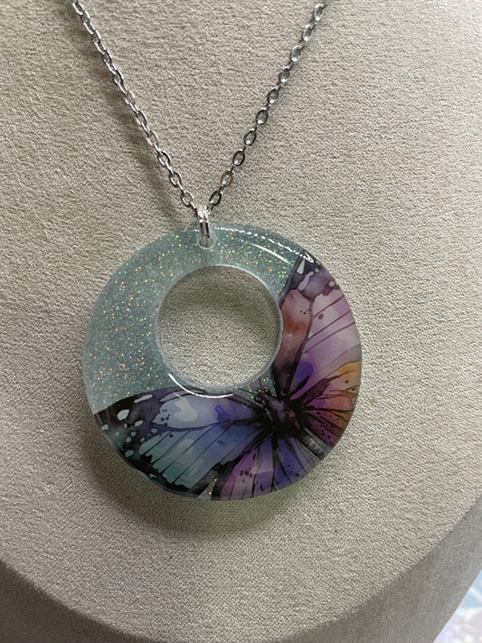 Iridescent Butterfly Open Circle Necklace
