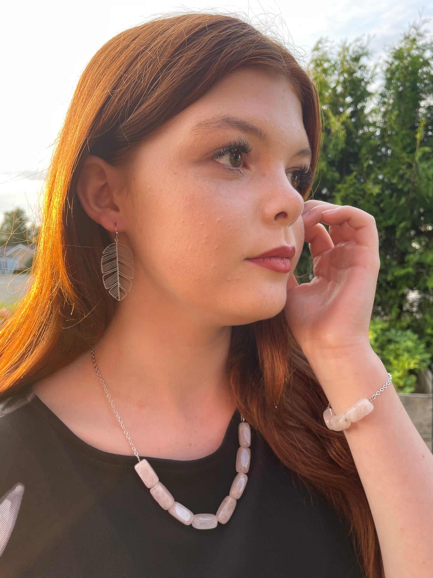 Ensemble Collier et Bracelet en Quartz Rose