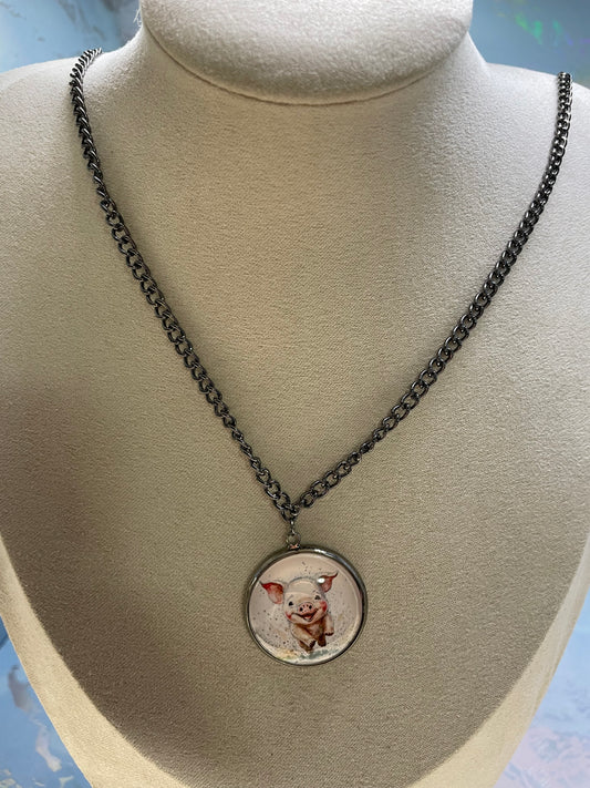 Happy Pig on Gun Metal Cabochon 23'' Necklace