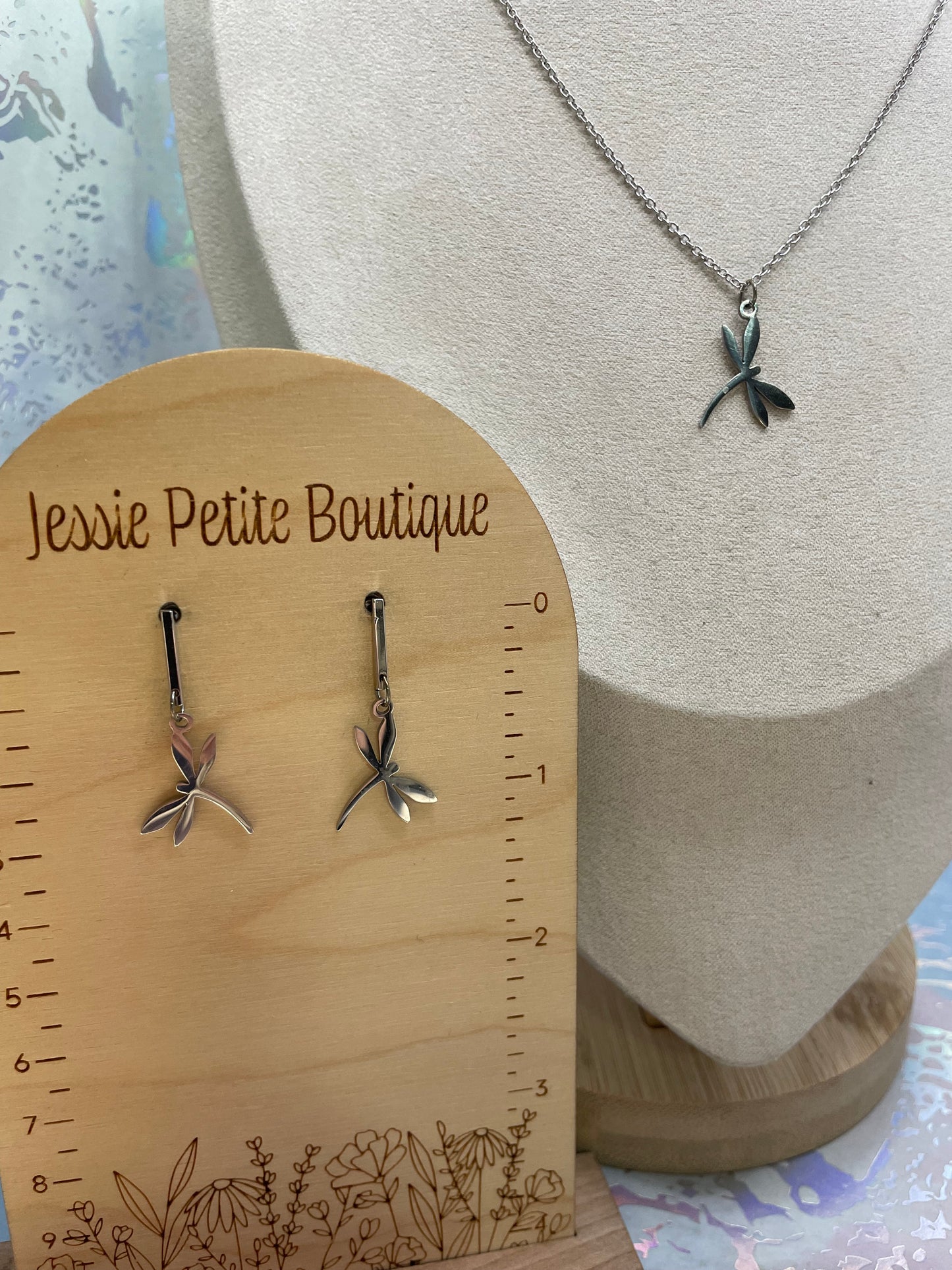 Ensemble libellule argentée-Acier Inoxydable