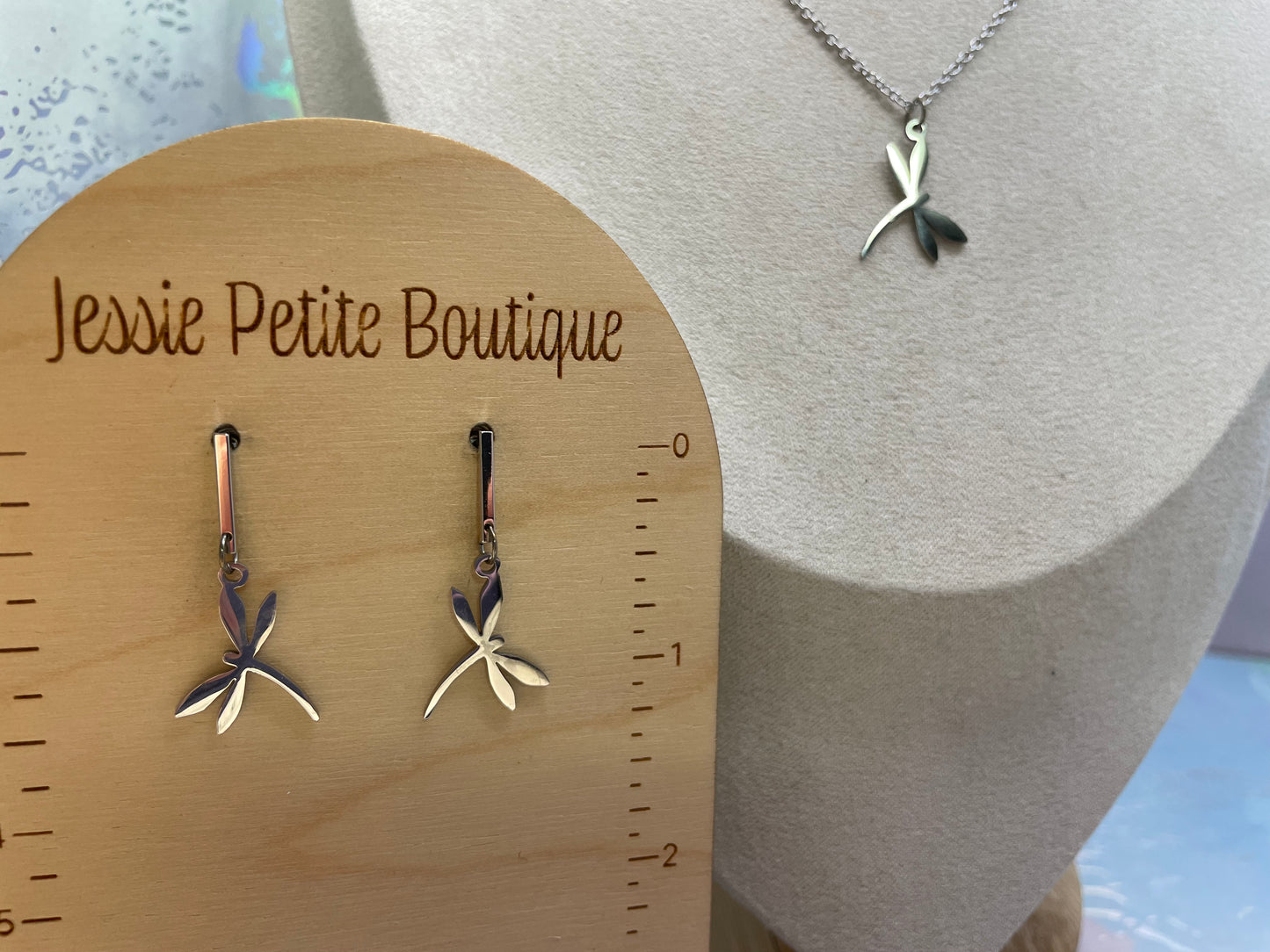 Ensemble libellule argentée-Acier Inoxydable