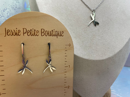 Silver Dragonfly Necklace & Earrings Set-Stainless Steel