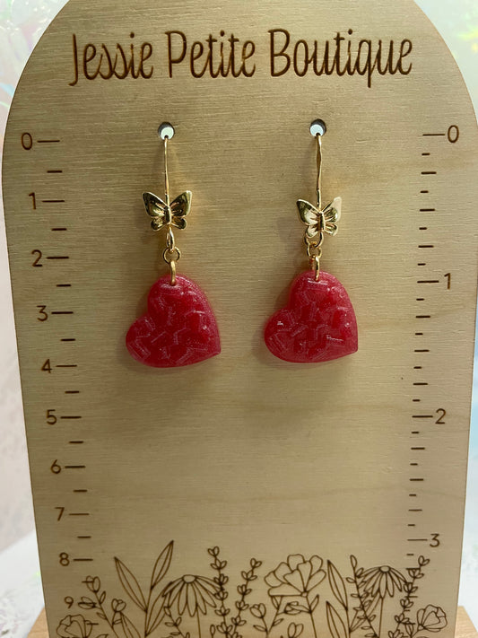 Pink Candy Heart Earrings with Butterfly Accent