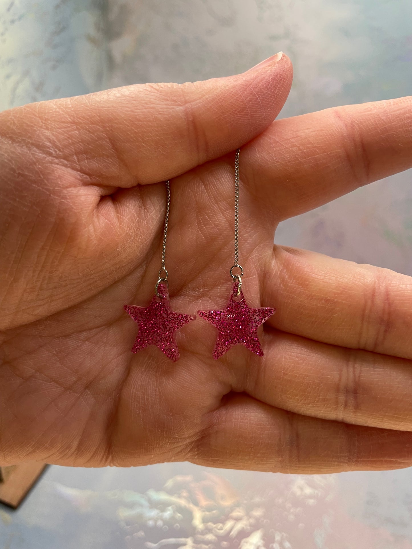 Pink Glitter Star Threader Earrings-Nickel Free