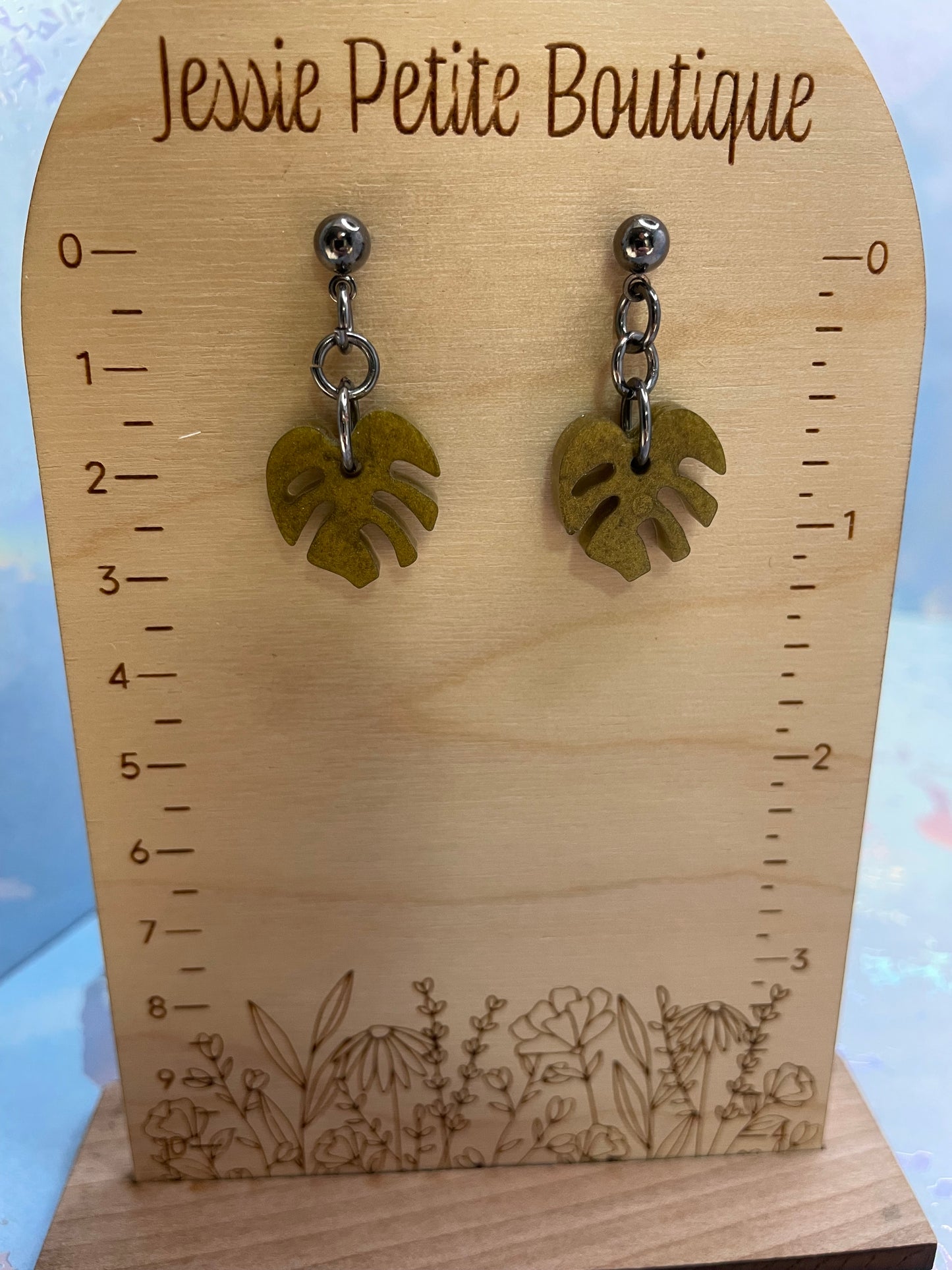 Tiny Olive Green Monstera Earrings