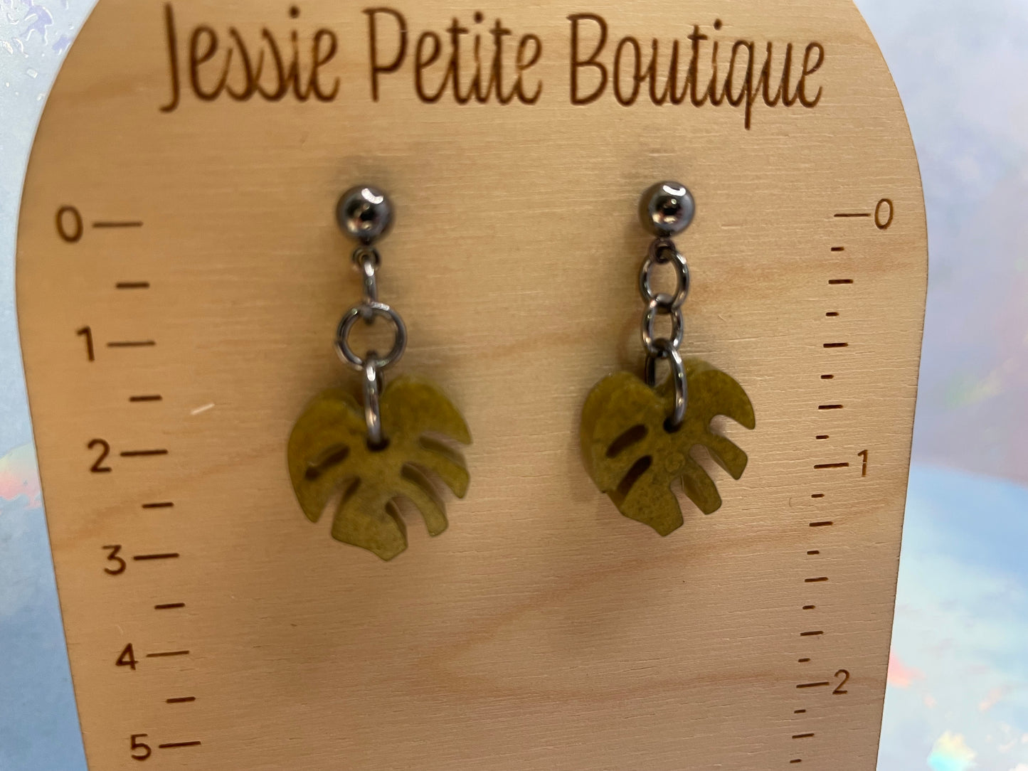 Tiny Olive Green Monstera Earrings