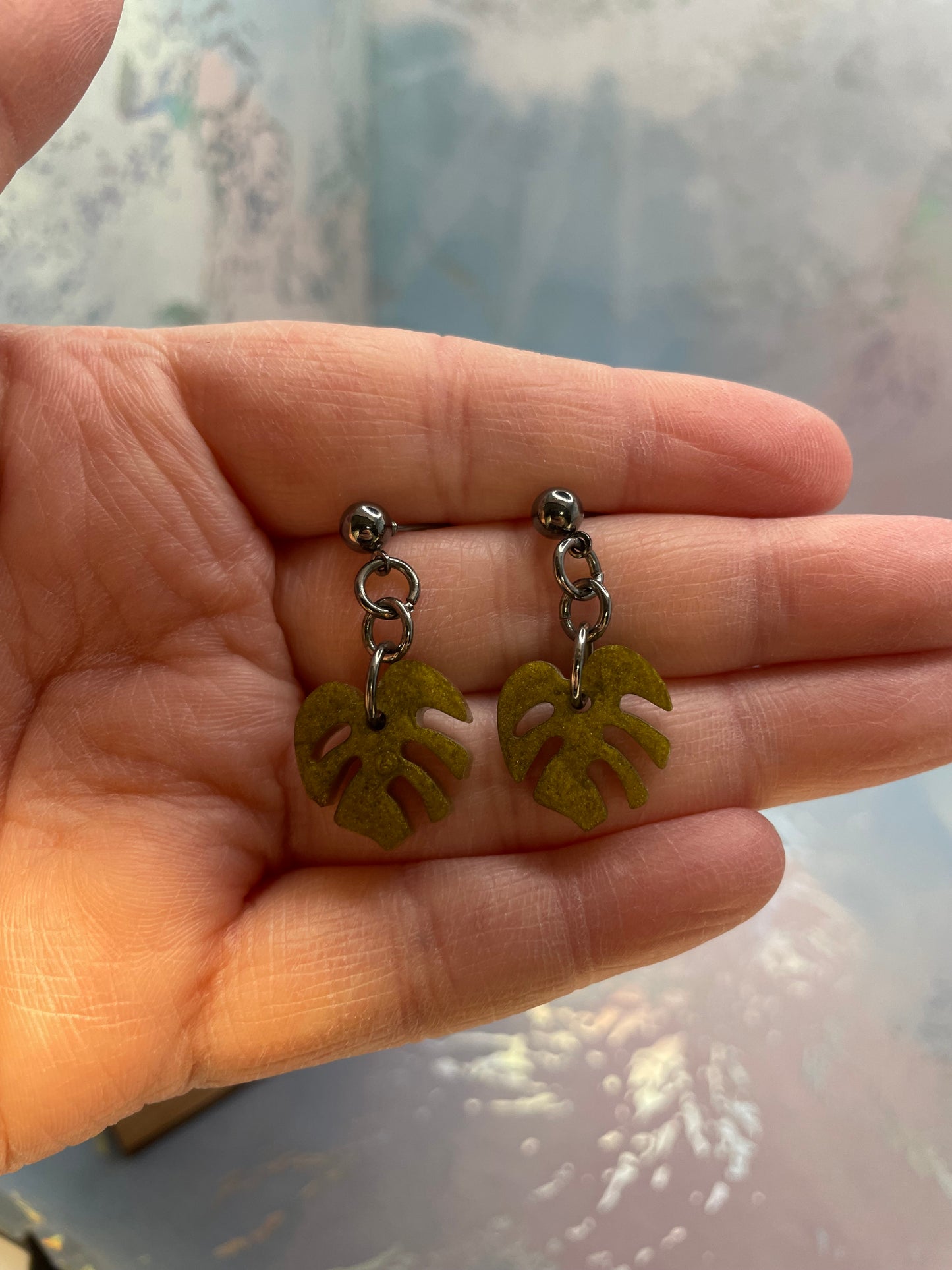 Tiny Olive Green Monstera Earrings