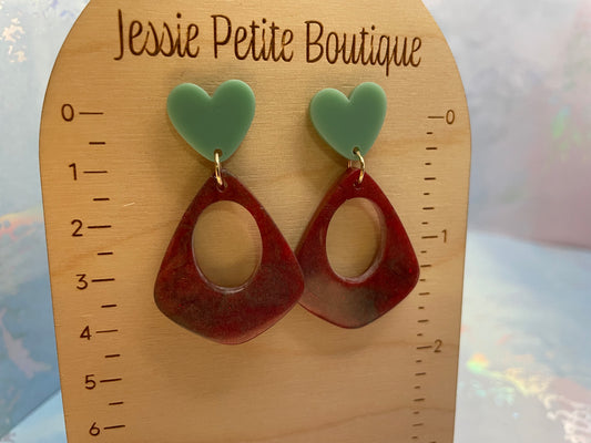 Red Shimmer Teardrop Earrings with Mint Heart Studs