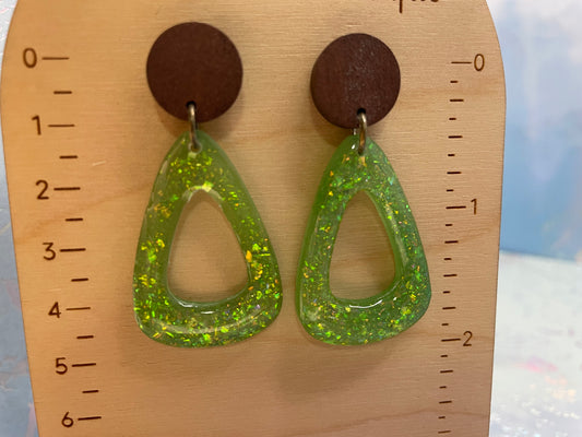 Sparkly Green Teardrop Earrings with Wood Stud