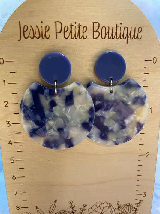 Marbled Blue & Cream Round Acrylic Stud Drop Earrings