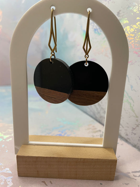 Black Acrylic & Wood Circle Drop Earrings-Nickel Free
