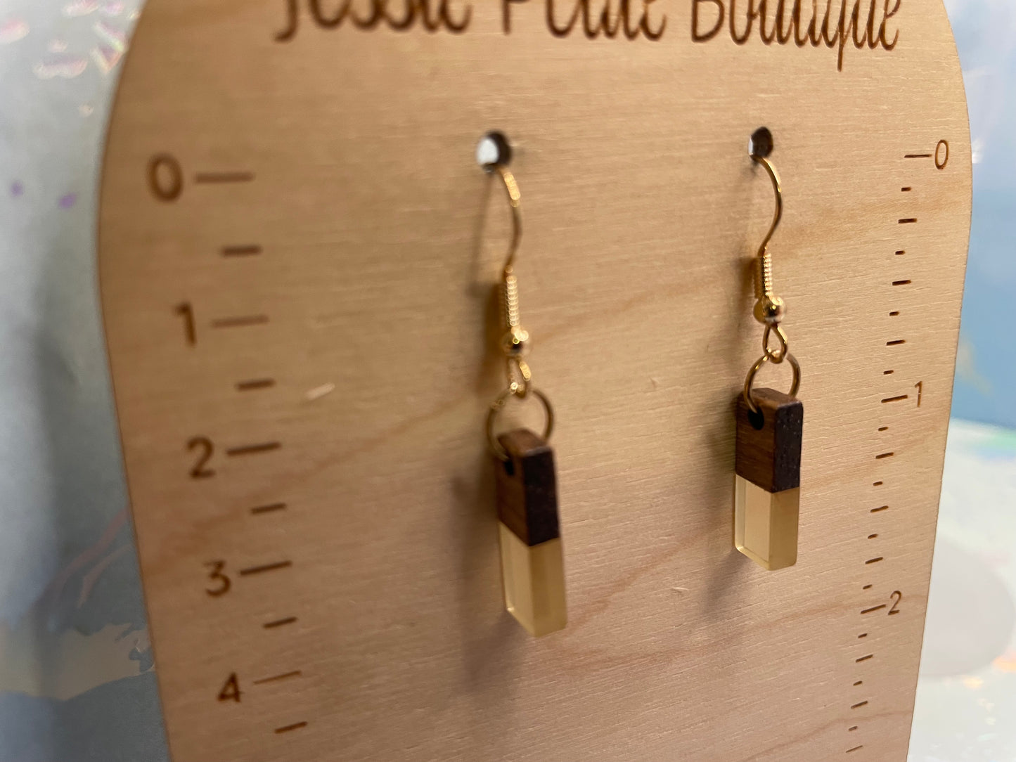 Mini Wood & Clear Rectangle Earrings