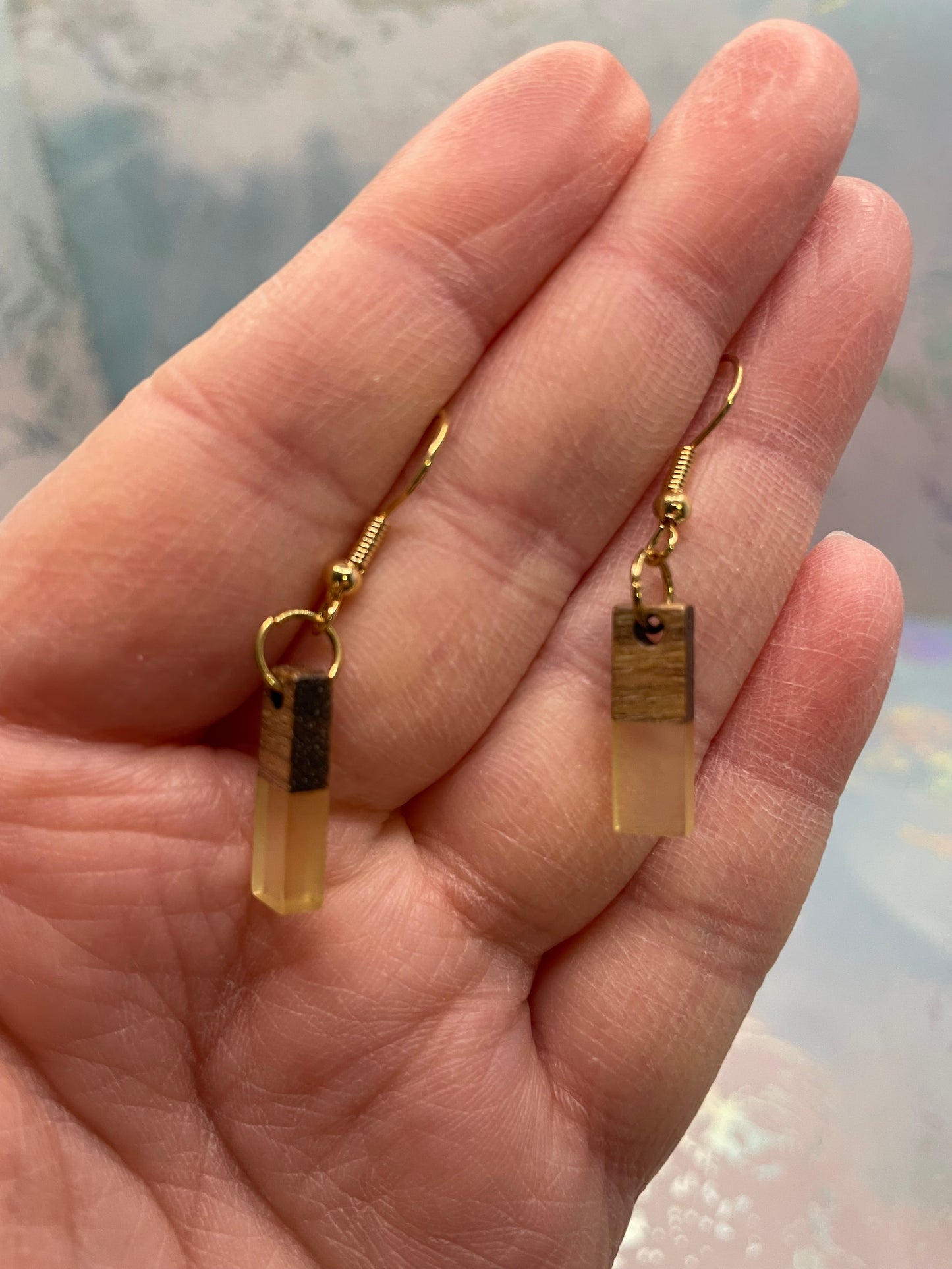Mini Wood & Clear Rectangle Earrings