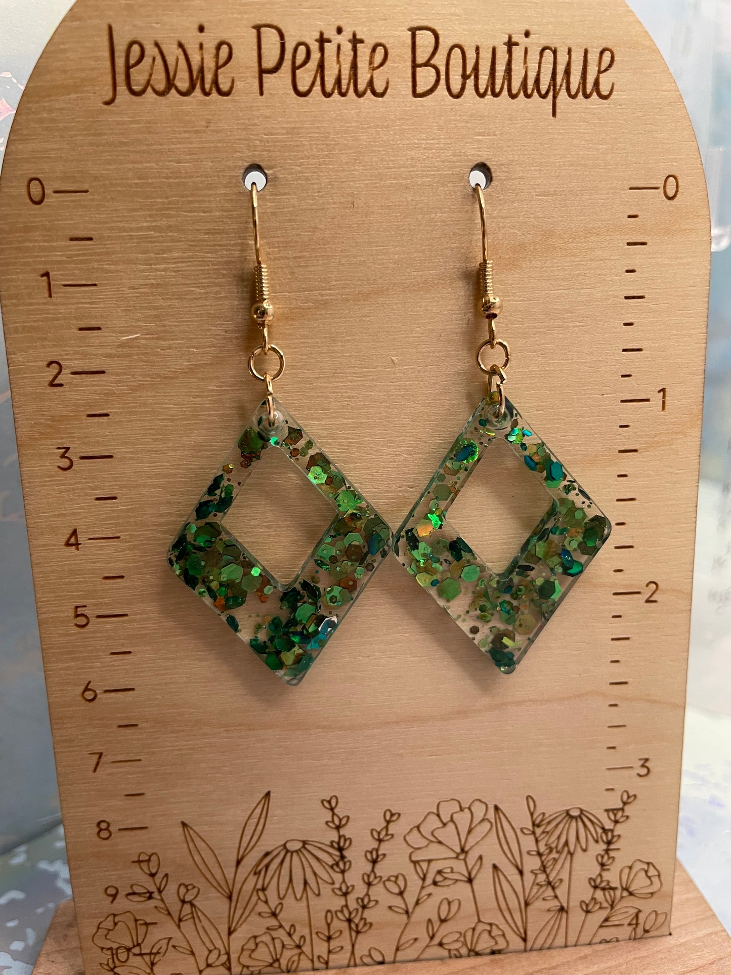 Sparkly Green Rhombus Resin Earrings