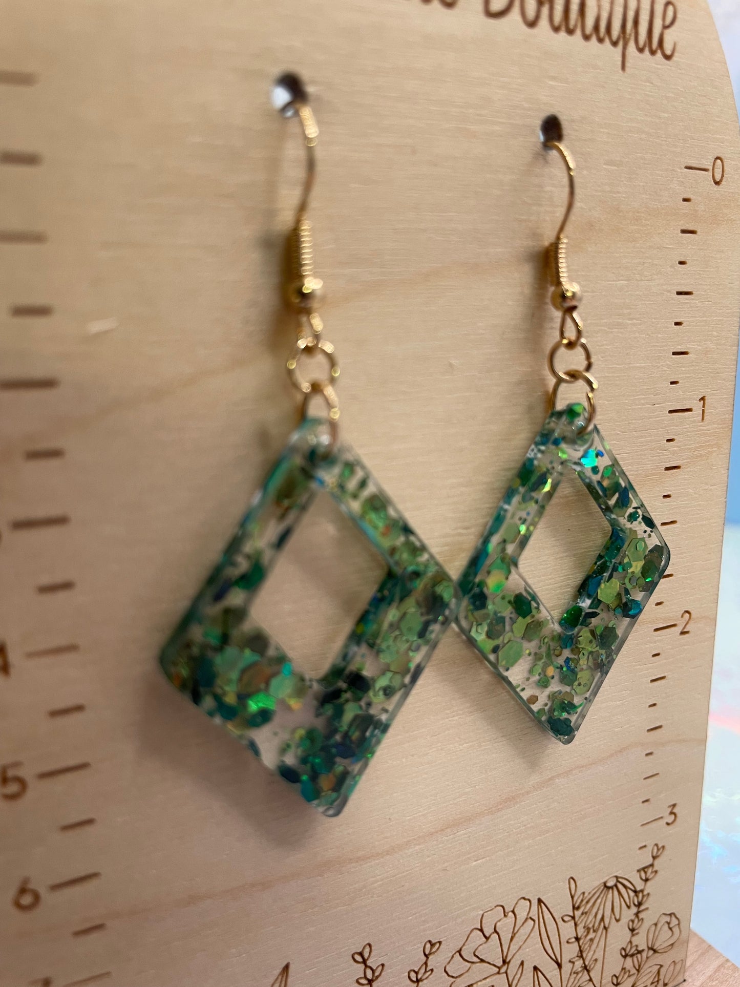 Sparkly Green Rhombus Resin Earrings