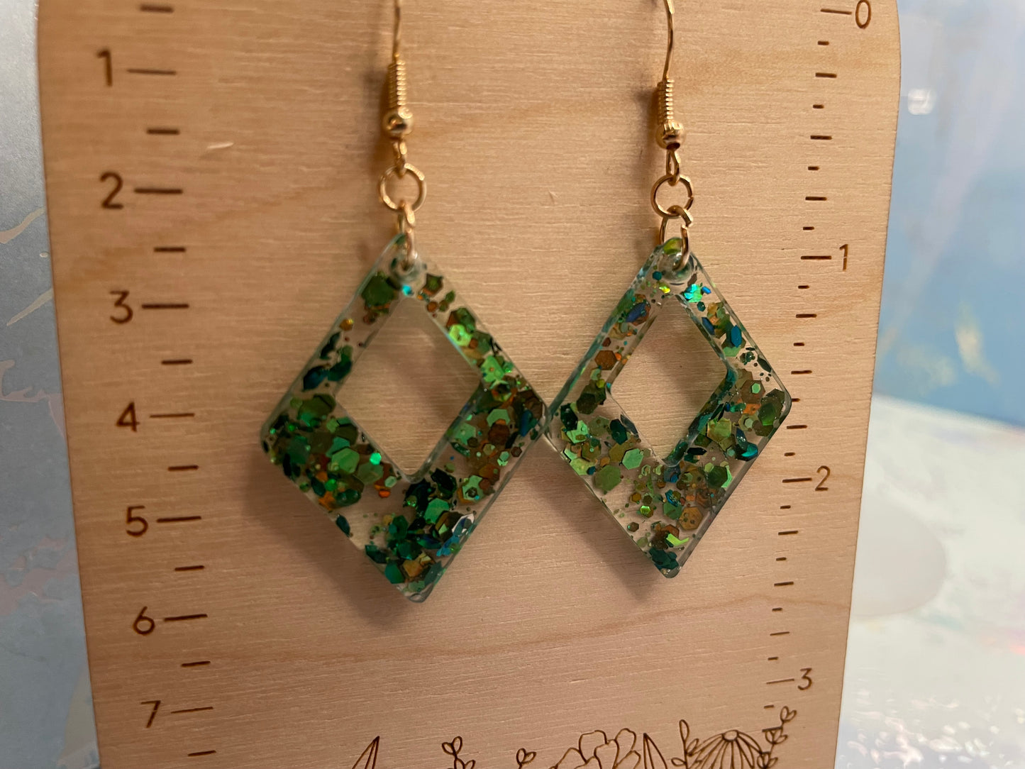 Sparkly Green Rhombus Resin Earrings