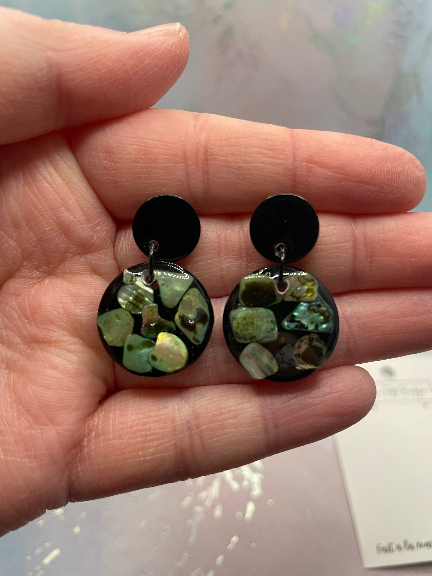 Green Shell Mosaic Round Earrings