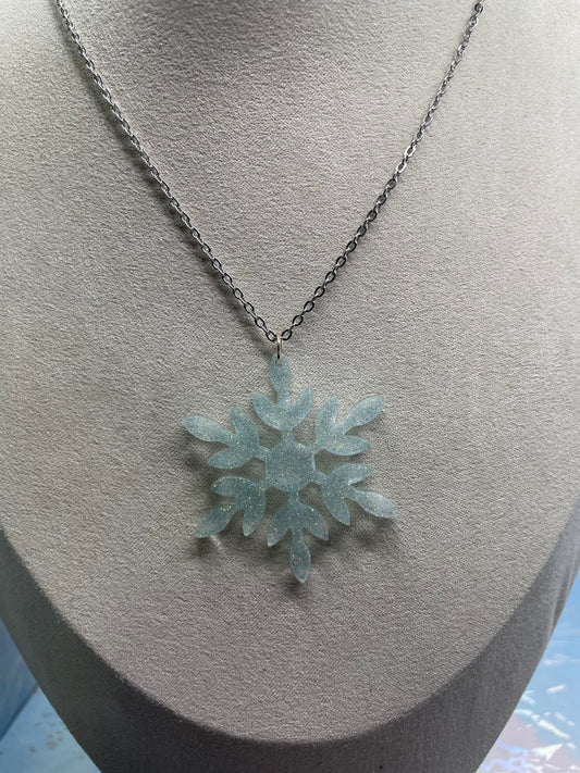 Sparkly Clear Blue Snowflake Necklace