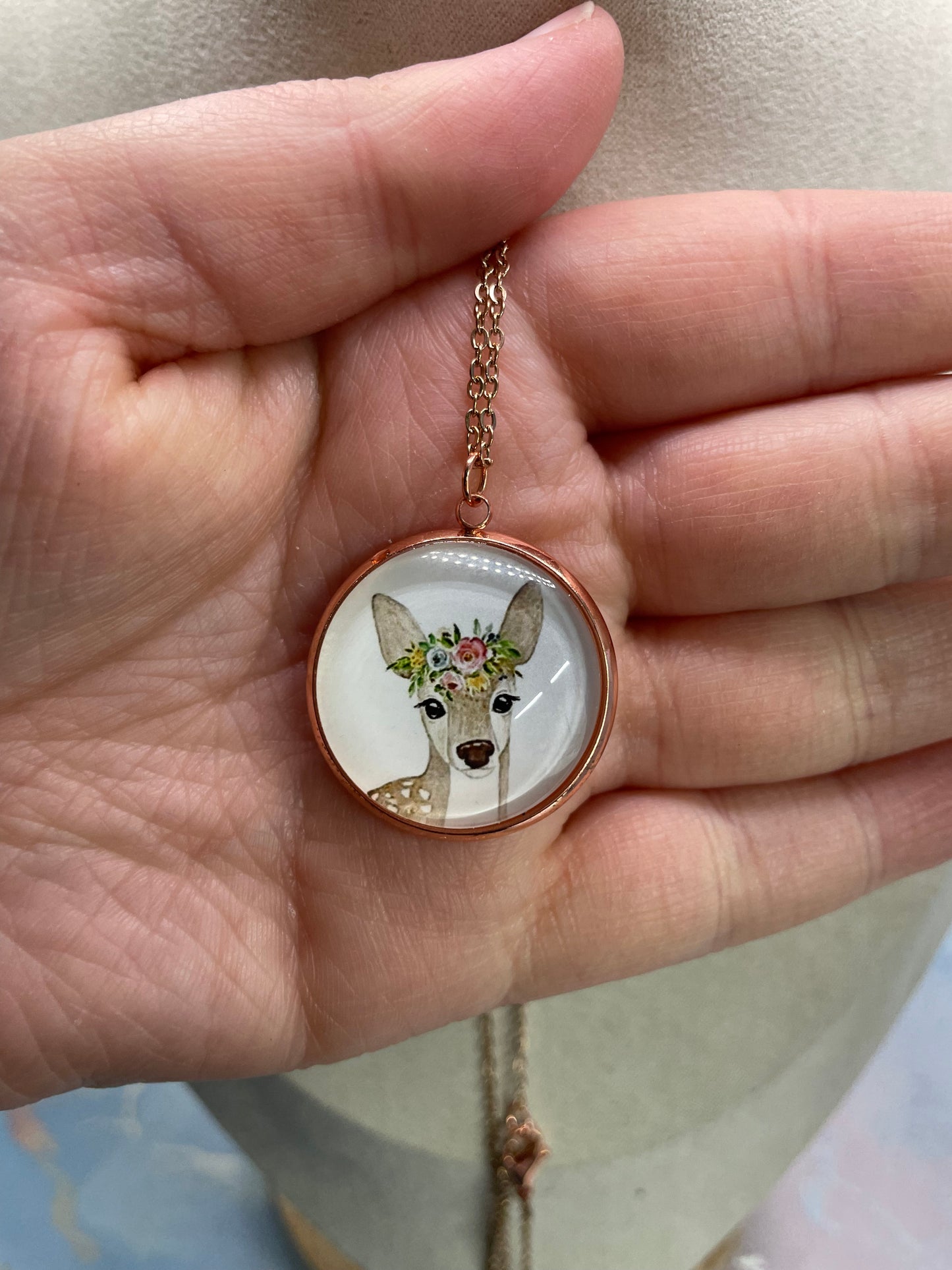 Collier Cabochon Portrait Animaux Couronne Floral -Cabochon Or Rose