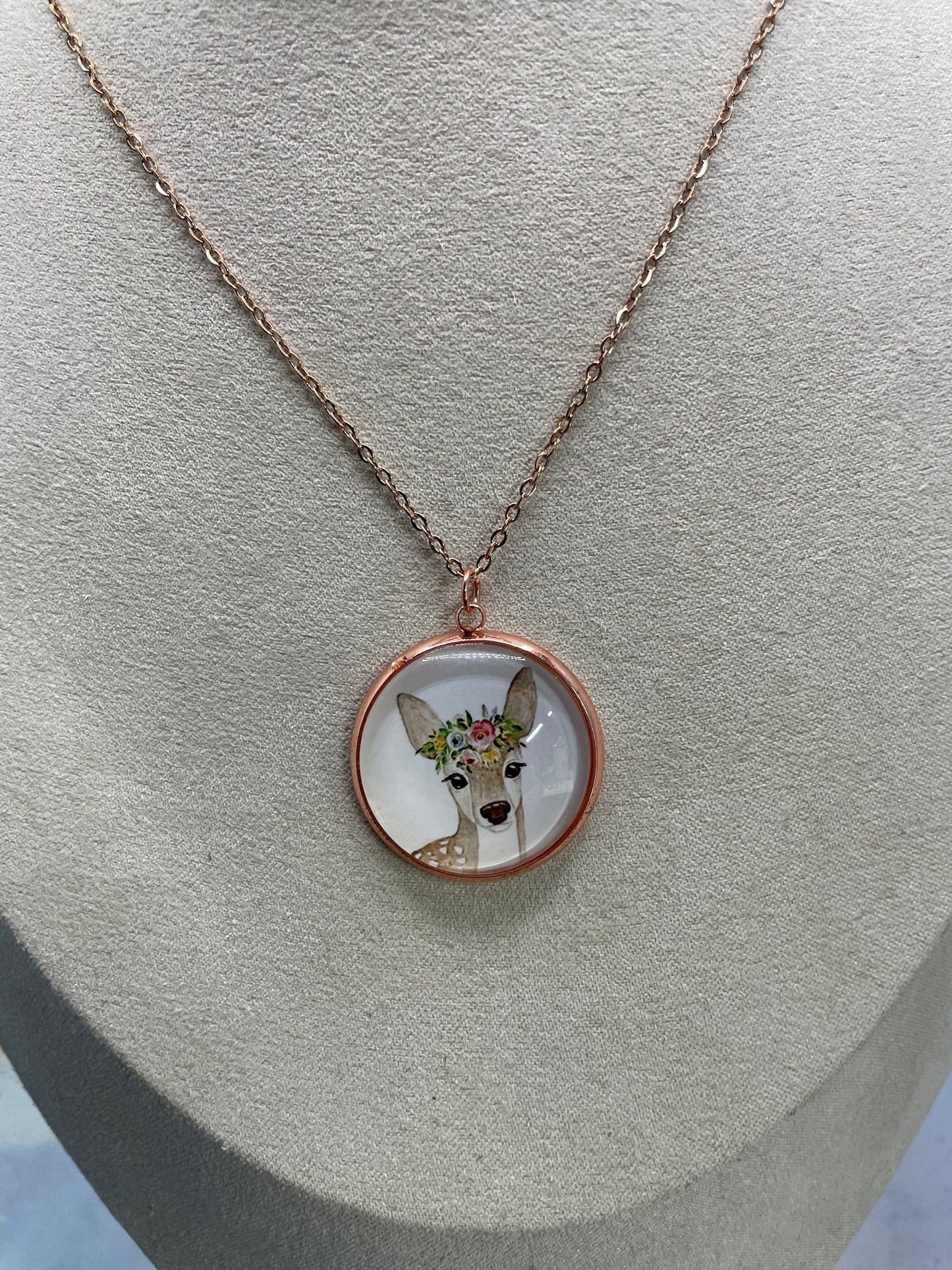 Collier Cabochon Portrait Animaux Couronne Floral -Cabochon Or Rose