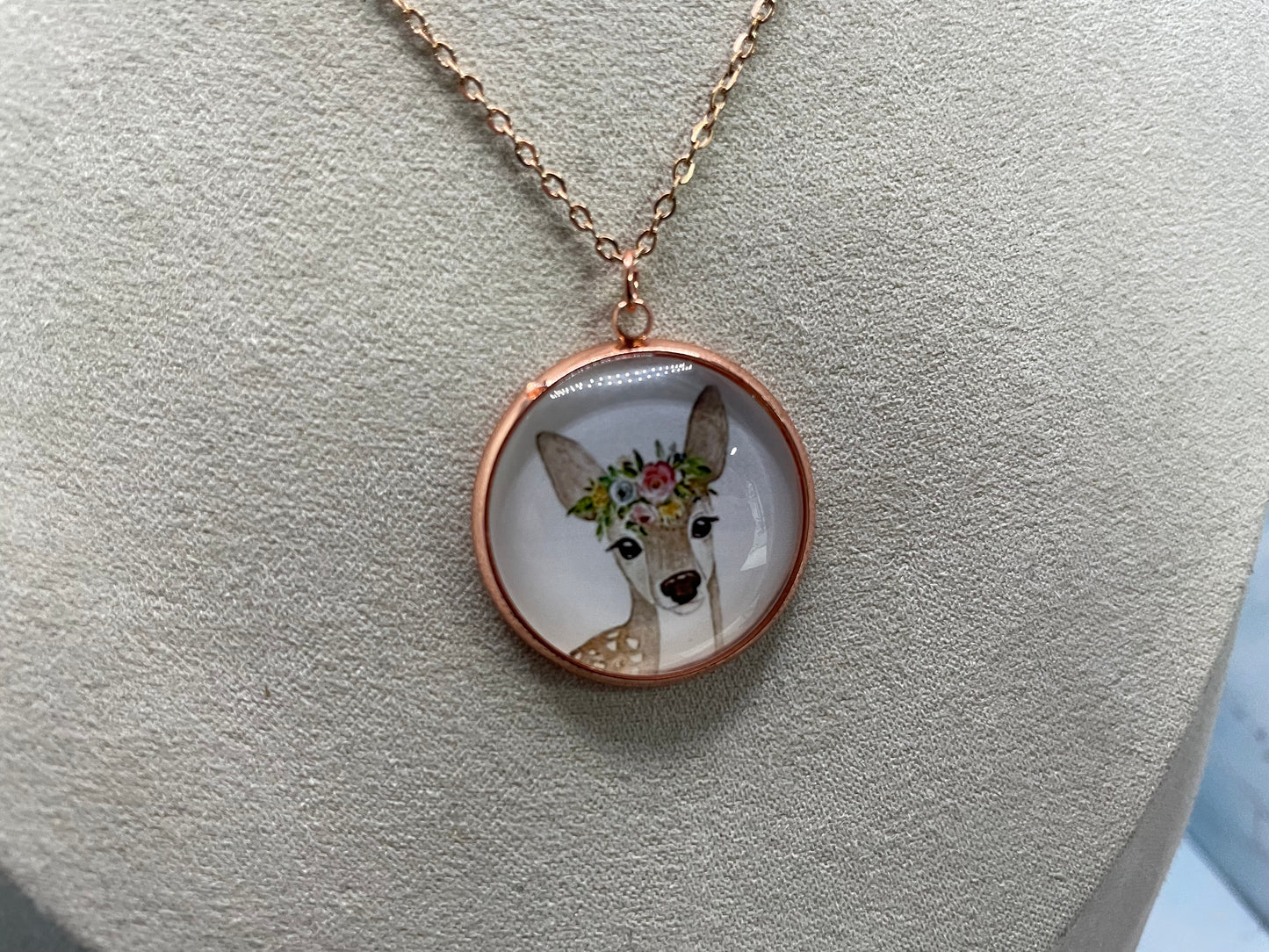 Collier Cabochon Portrait Animaux Couronne Floral -Cabochon Or Rose