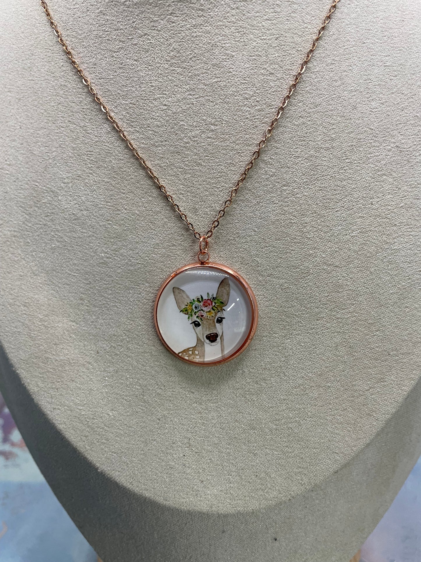 Collier Cabochon Portrait Animaux Couronne Floral -Cabochon Or Rose