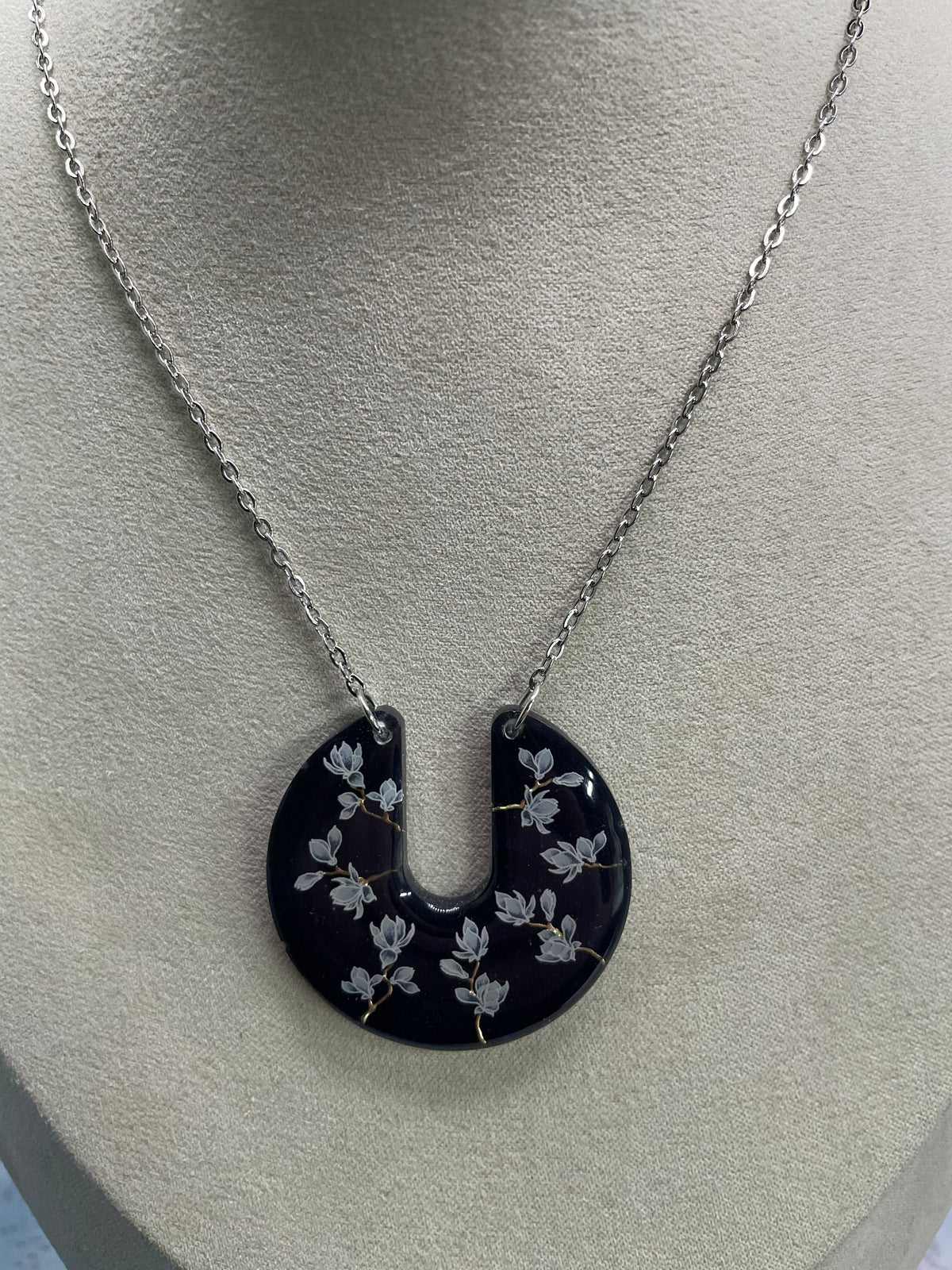 Midnight Magnolia Crescent Necklace (Silver Chain)
