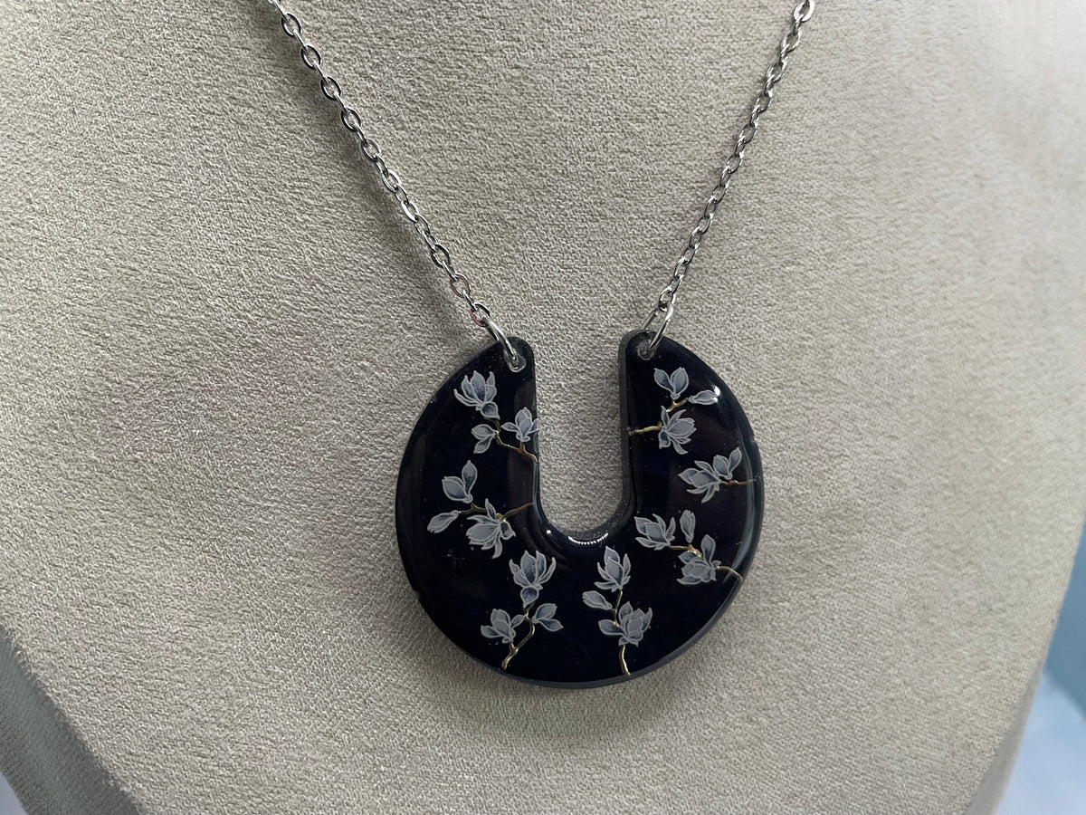 Midnight Magnolia Crescent Necklace (Silver Chain)
