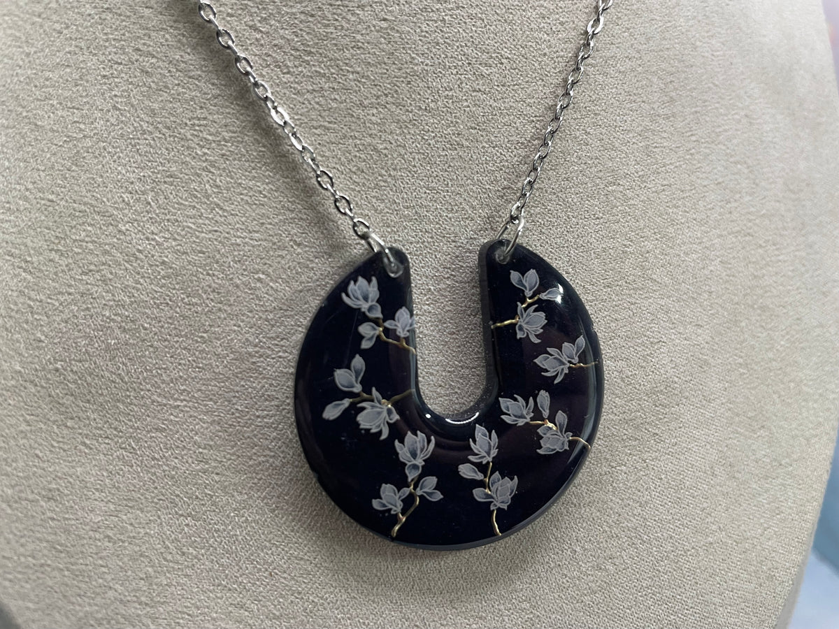 Midnight Magnolia Crescent Necklace (Silver Chain)