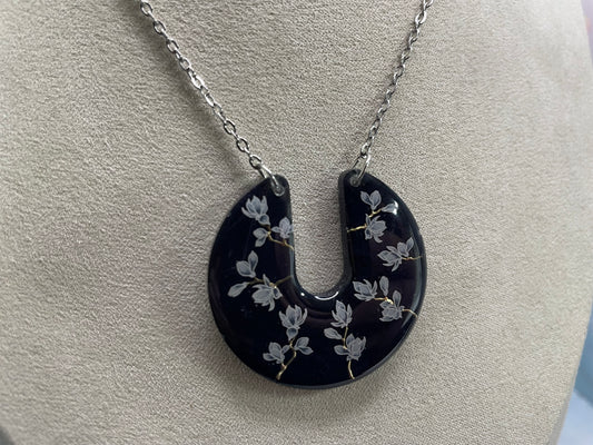 Midnight Magnolia Crescent Necklace (Silver Chain)