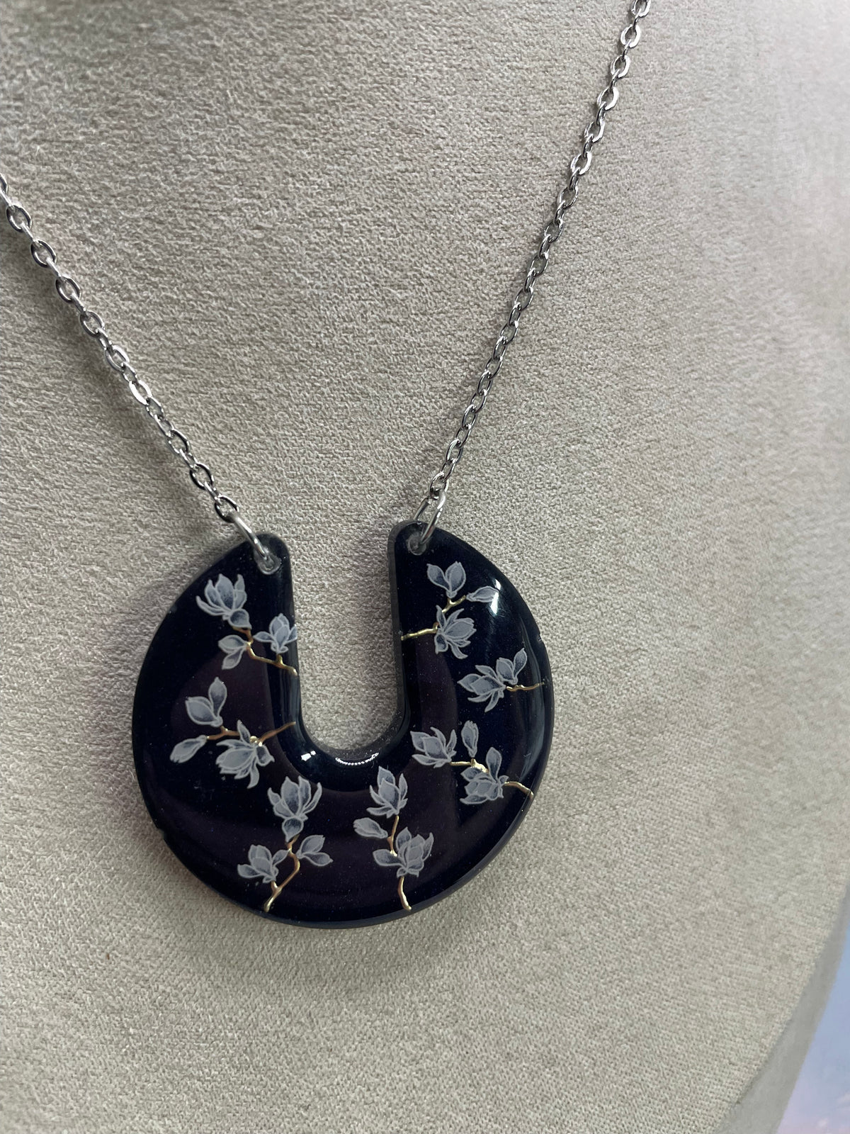 Midnight Magnolia Crescent Necklace (Silver Chain)