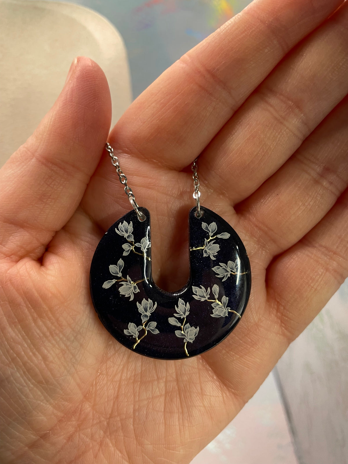 Midnight Magnolia Crescent Necklace (Silver Chain)