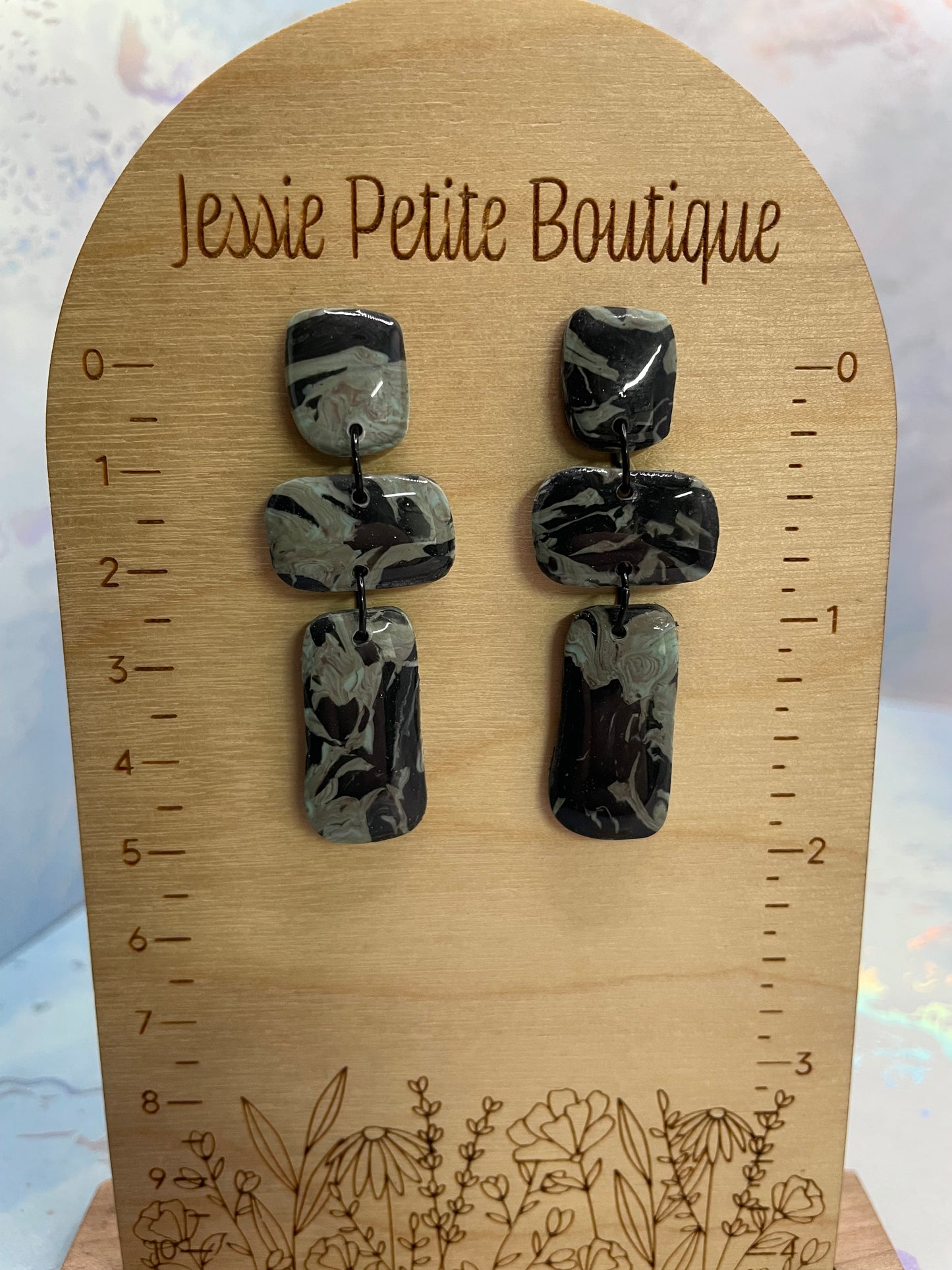 Mandy : Marbled Black & Sage Earrings