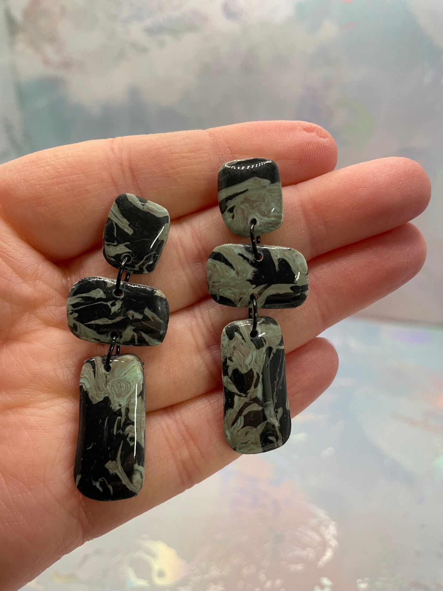 Mandy : Marbled Black & Sage Earrings