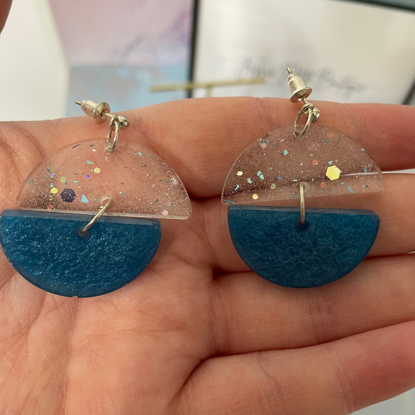Sparkly Blue Resin Half-Circle Earrings