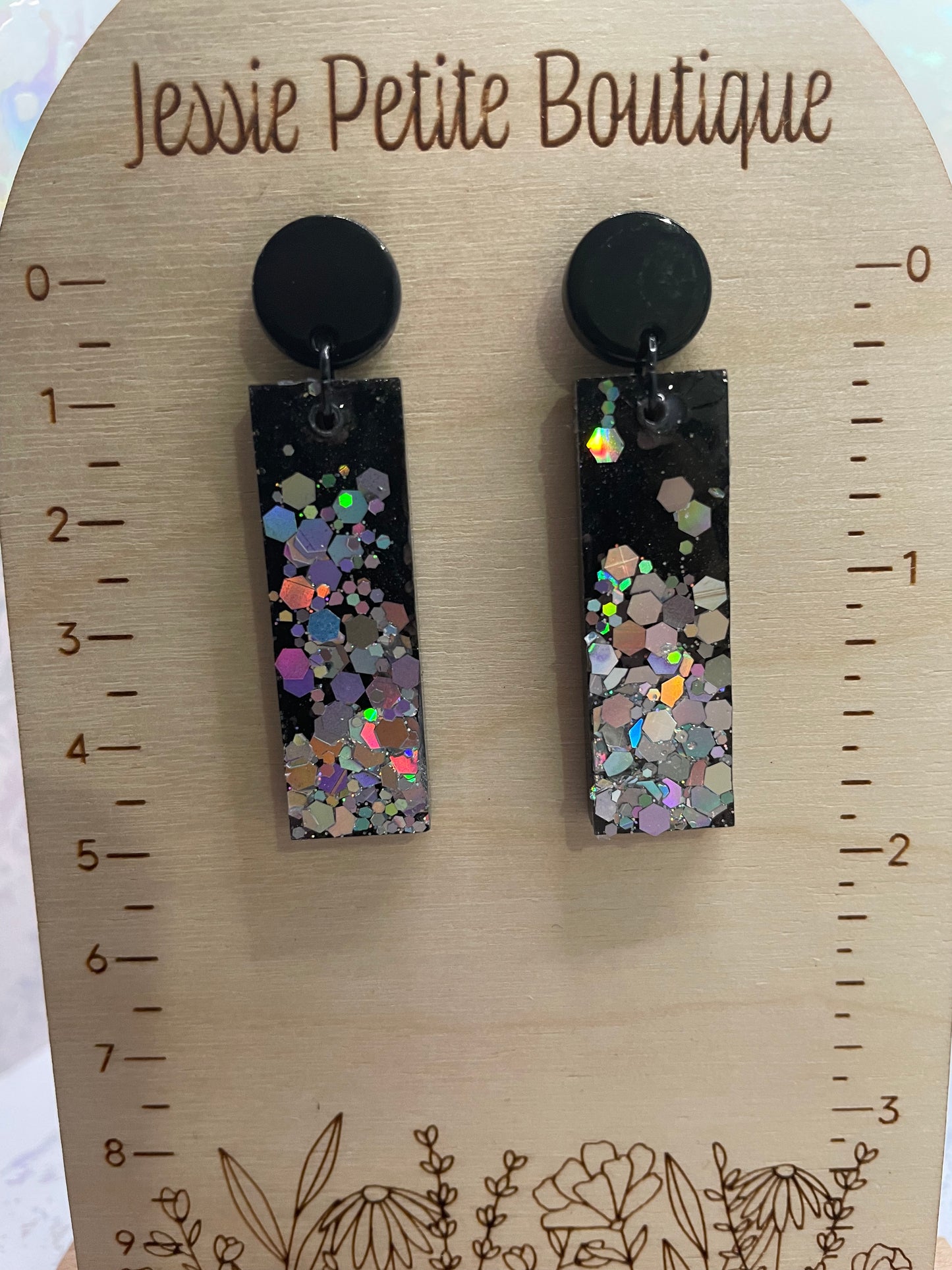 Sparkly Holographic Black Rectangle Earrings - Nickel Free