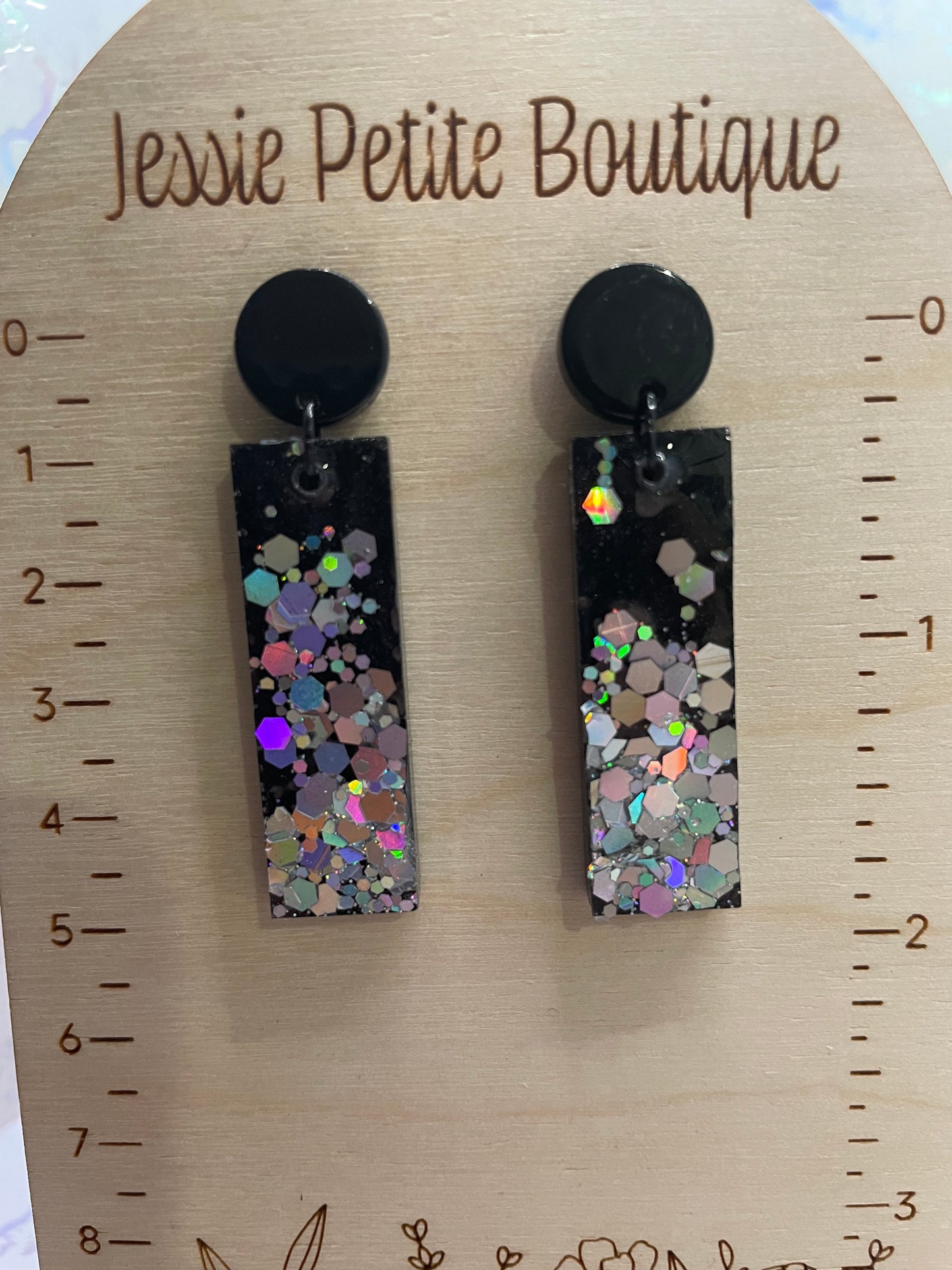 Sparkly Holographic Black Rectangle Earrings - Nickel Free