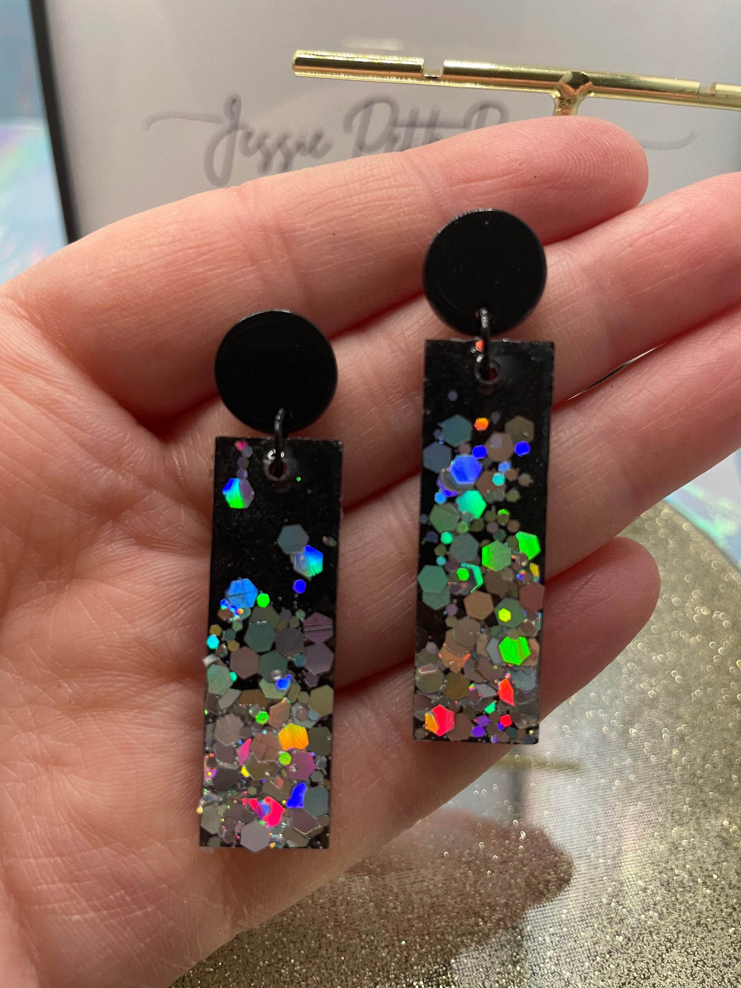 Sparkly Holographic Black Rectangle Earrings - Nickel Free