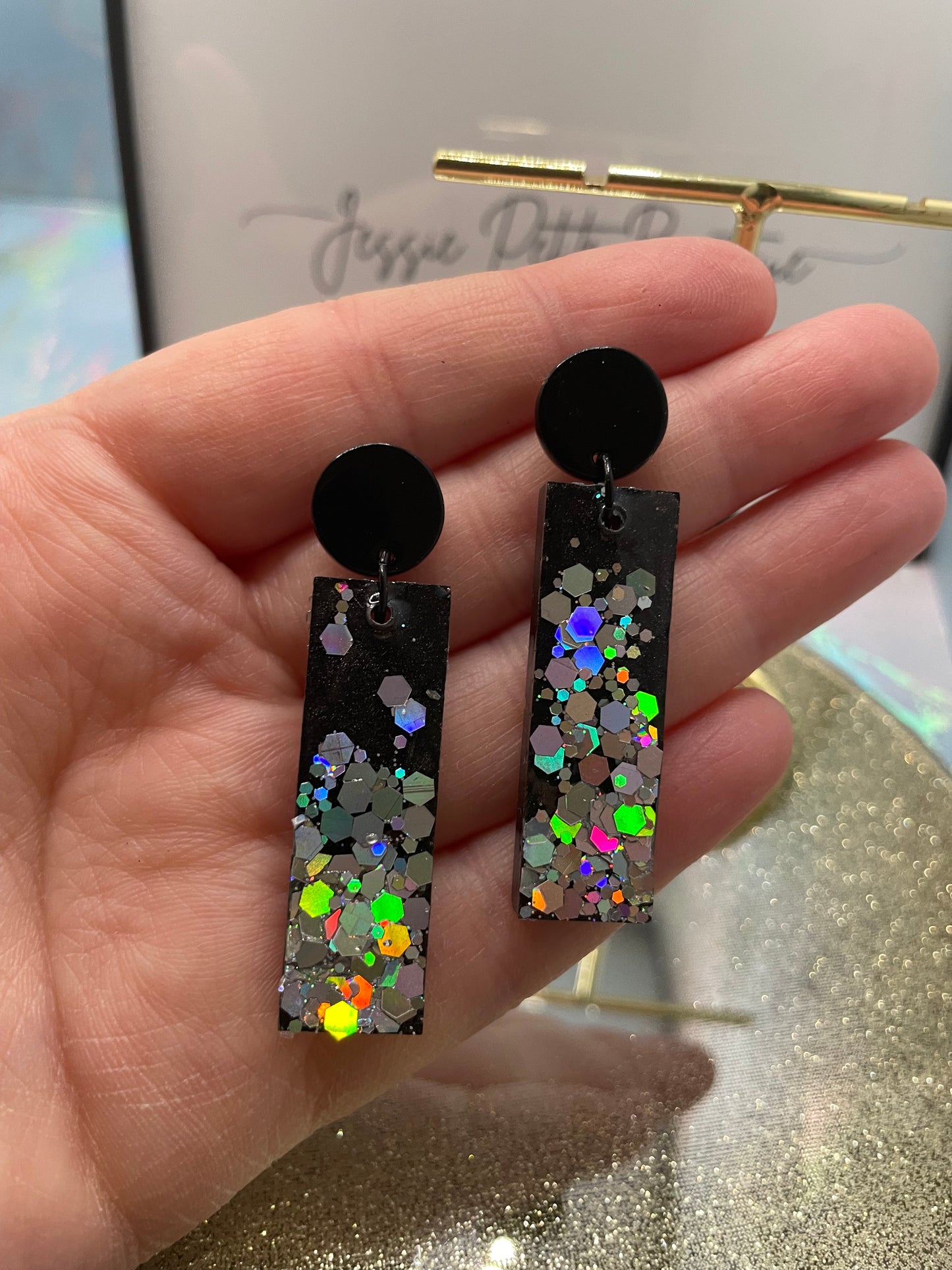 Sparkly Holographic Black Rectangle Earrings - Nickel Free