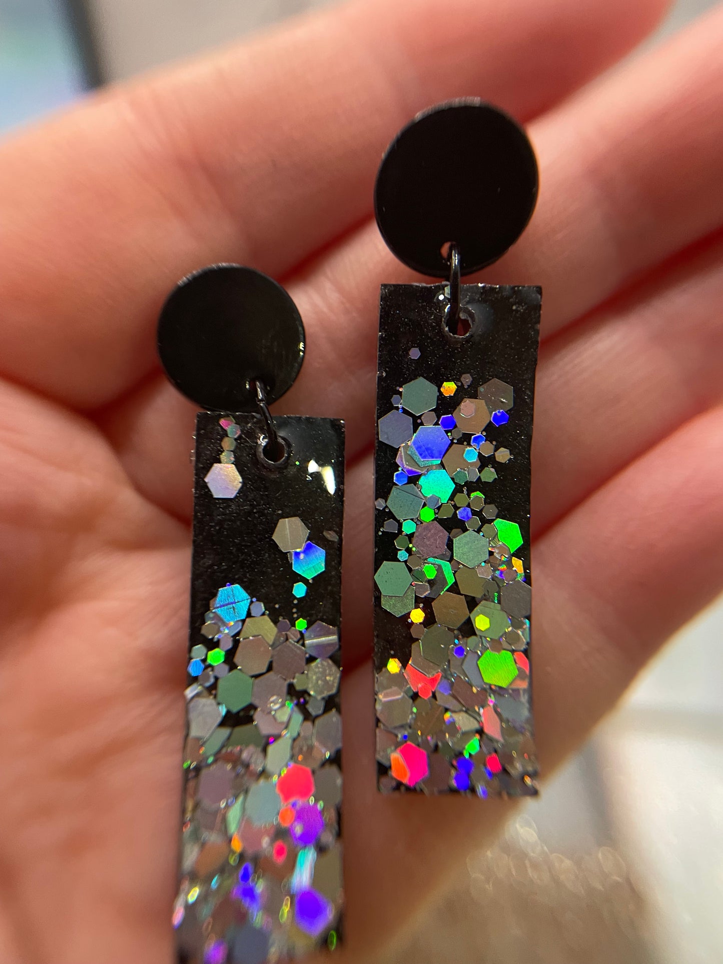 Sparkly Holographic Black Rectangle Earrings - Nickel Free