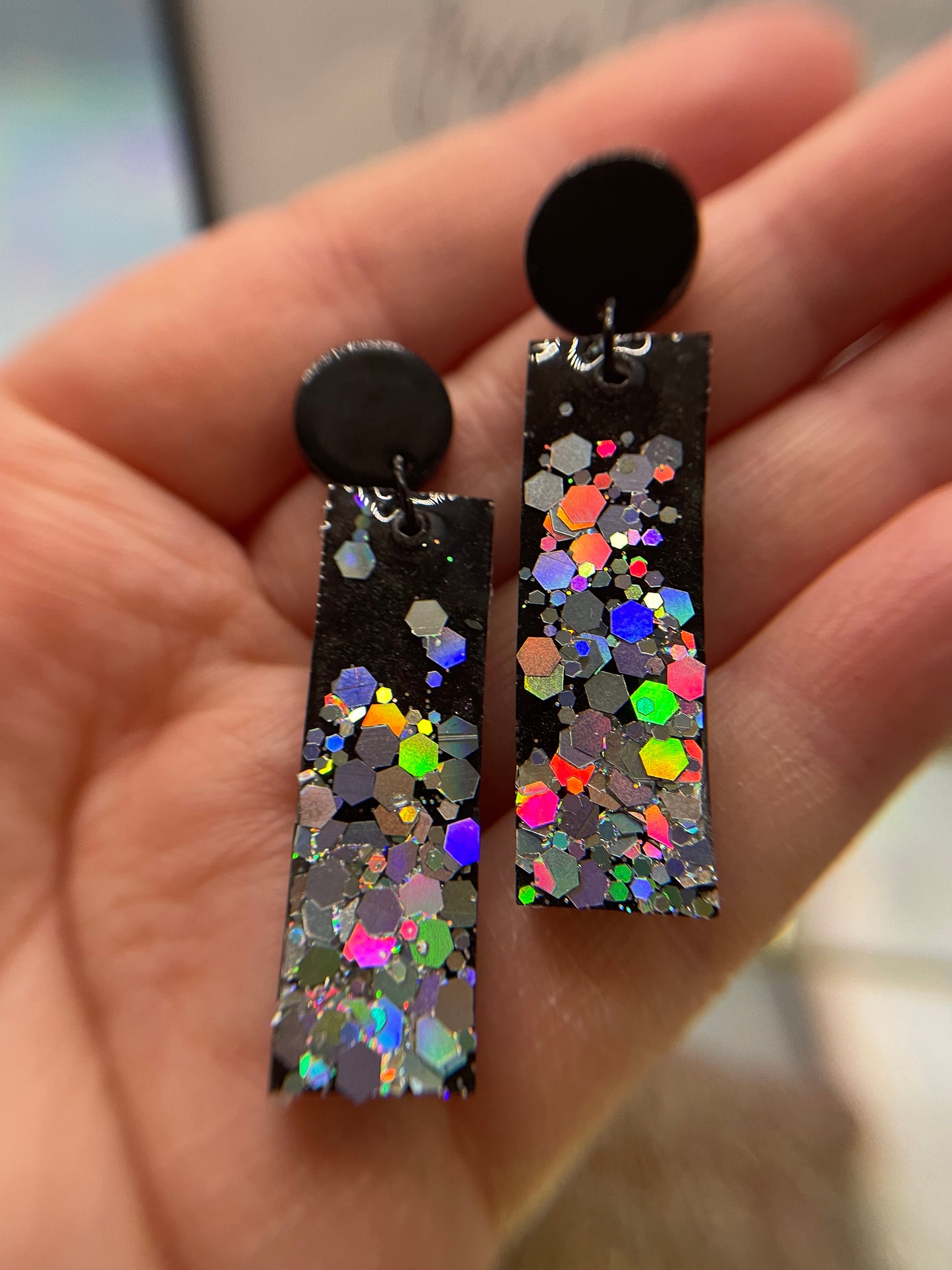Sparkly Holographic Black Rectangle Earrings - Nickel Free