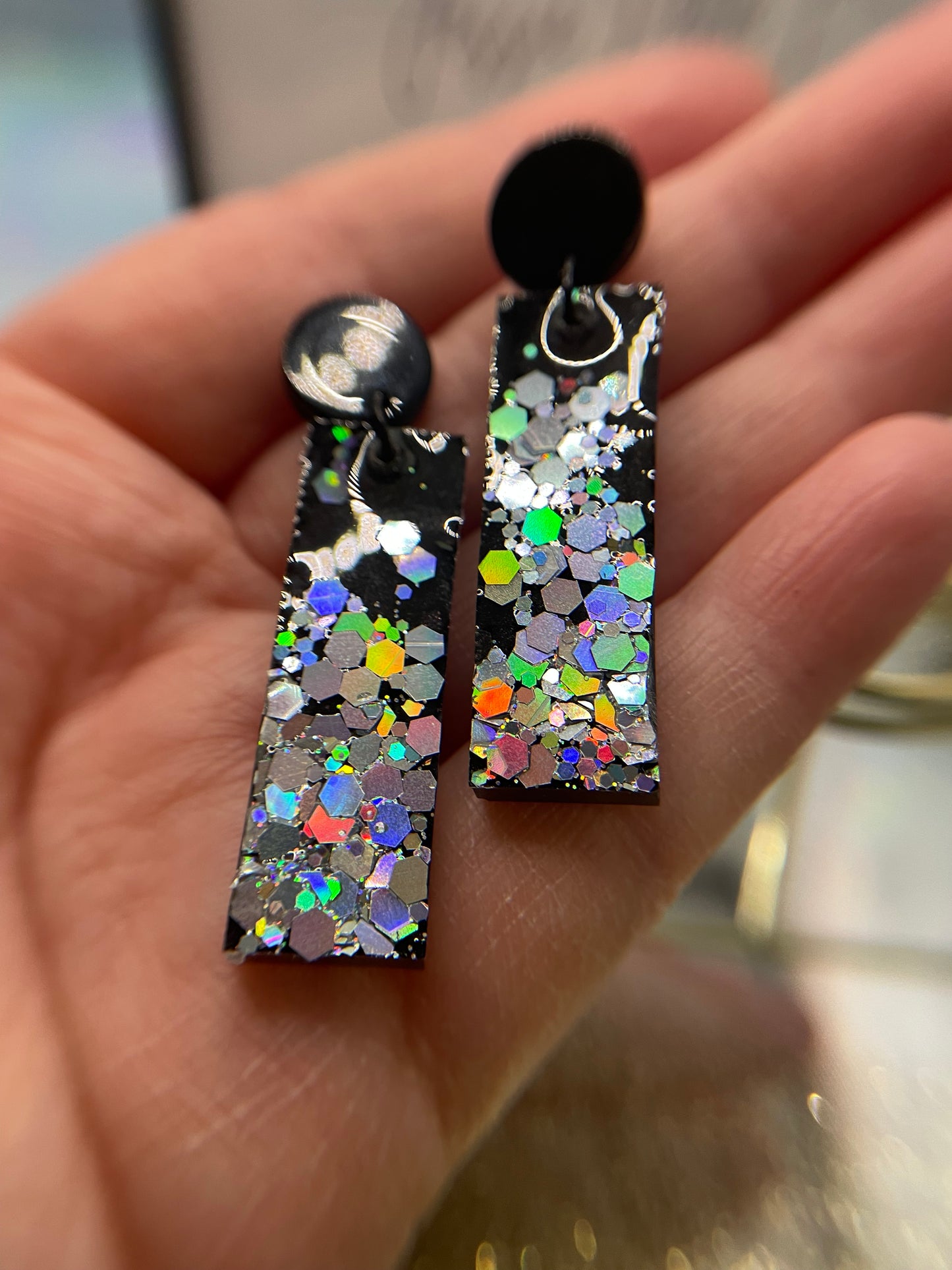 Sparkly Holographic Black Rectangle Earrings - Nickel Free