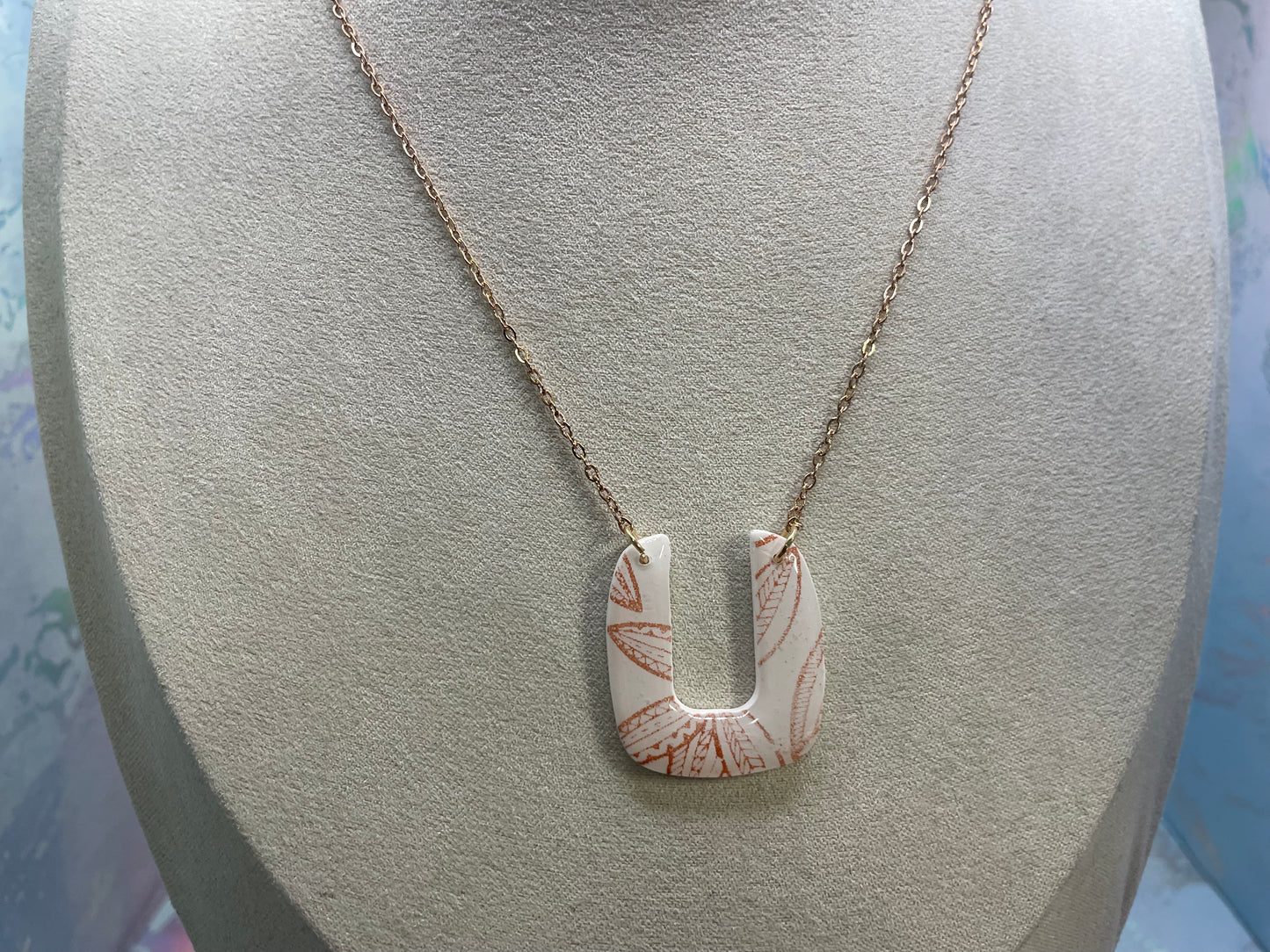 Pendentif motif botanique or rose-Collier en argile polymère en forme de U blanc 
