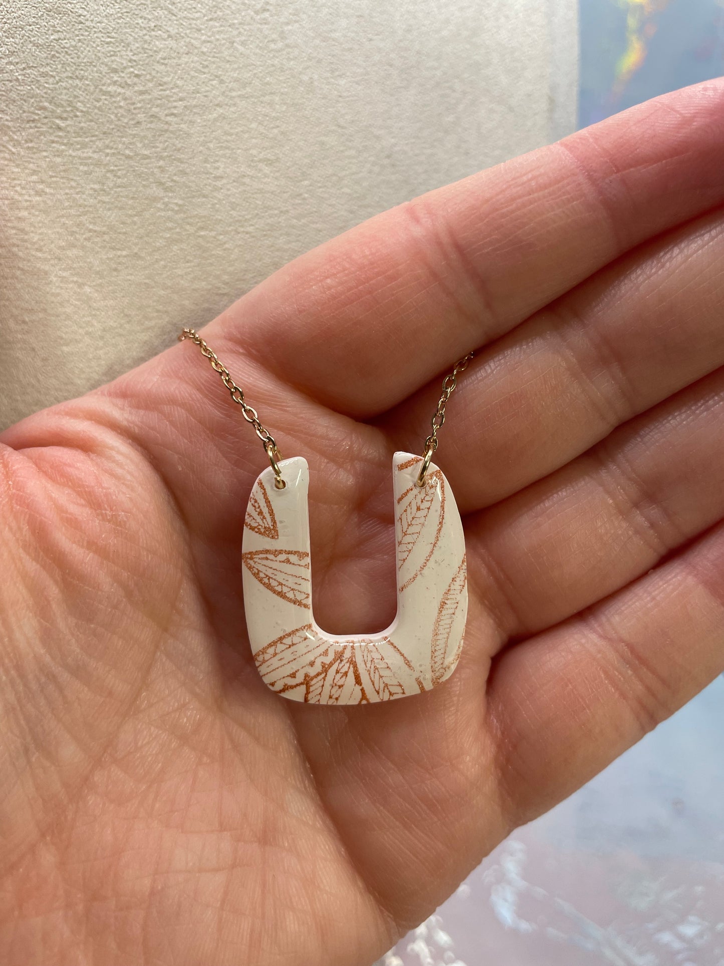Pendentif motif botanique or rose-Collier en argile polymère en forme de U blanc 