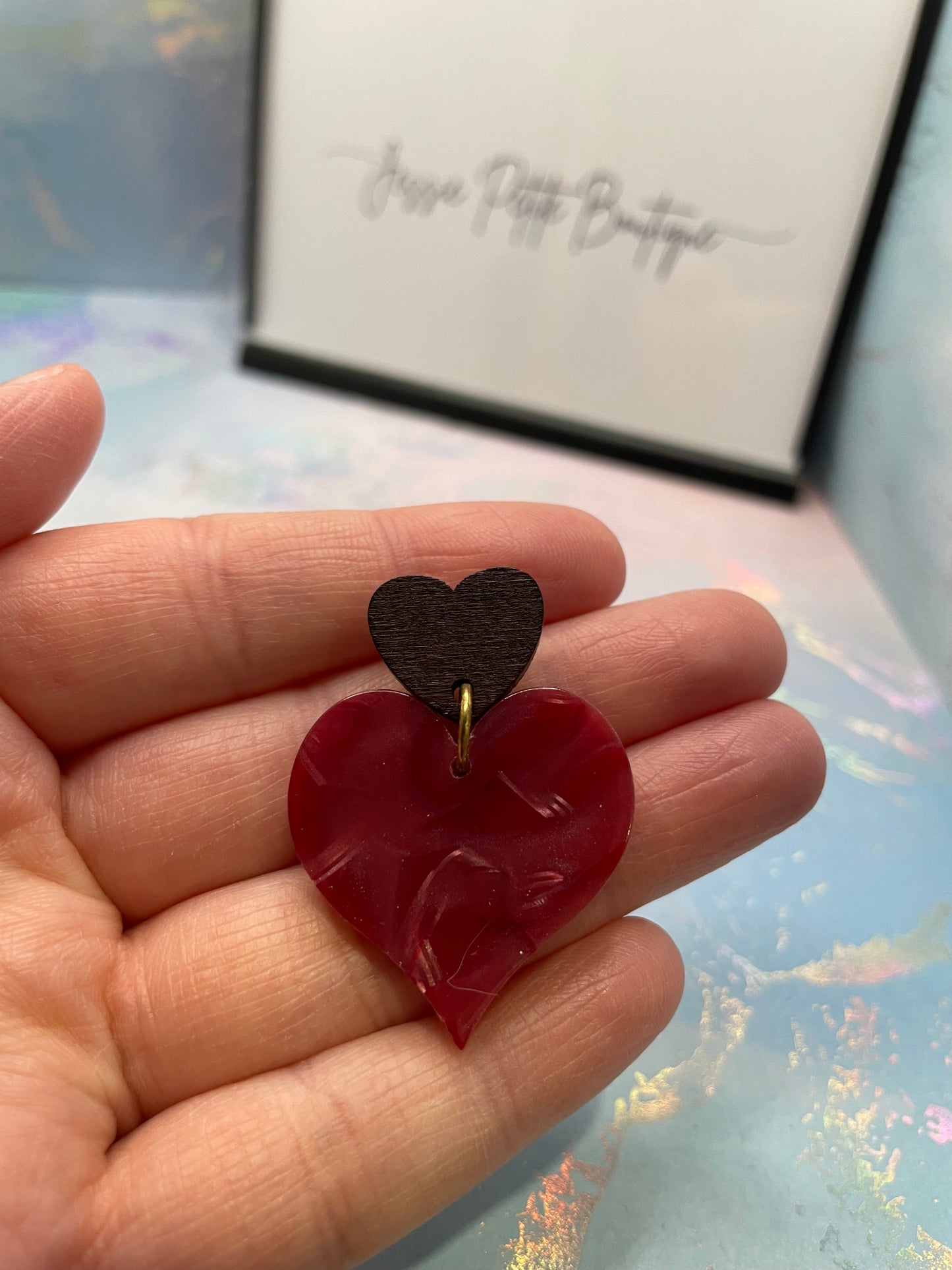 Acrylic Acetate Heart Earrings With Wood Stud